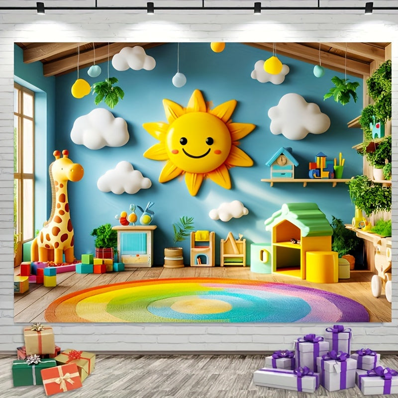 1pc, Photography Backdrop, Sunshine and Cloud Theme, 229.87*180.01cm, Colorful Cartoon Design, Wall Banner Decoration, Photo Prop Supplies - Topdecheztop.fr