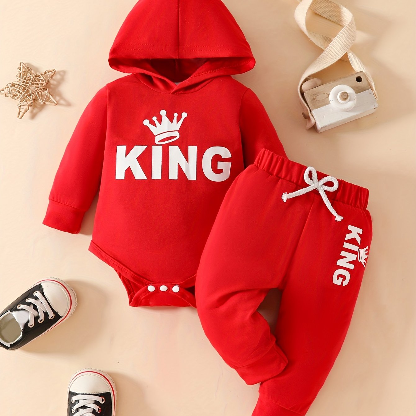 2pcs Baby's KING Crown Print Hooded Bodysuit & Casual Pants, Toddler & Infant Boy's Clothing Set For Fall - Topdecheztop.fr
