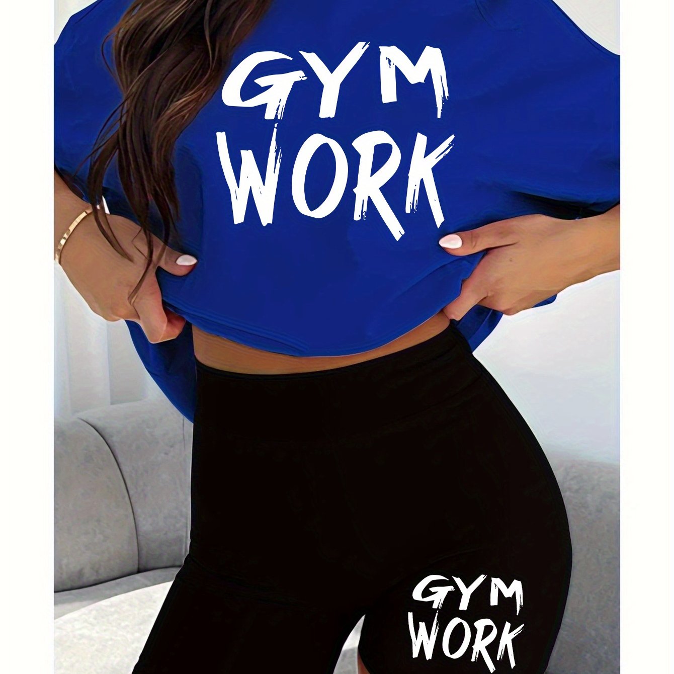 2pcs Women'S Gym Workout Set with Bold "GYM WORK" Letter Print T-Shirt and Black Shorts, Casual Athletic Outfit for Running and Fitness, Comfortable Fabric, Ladies' - Topdecheztop.fr