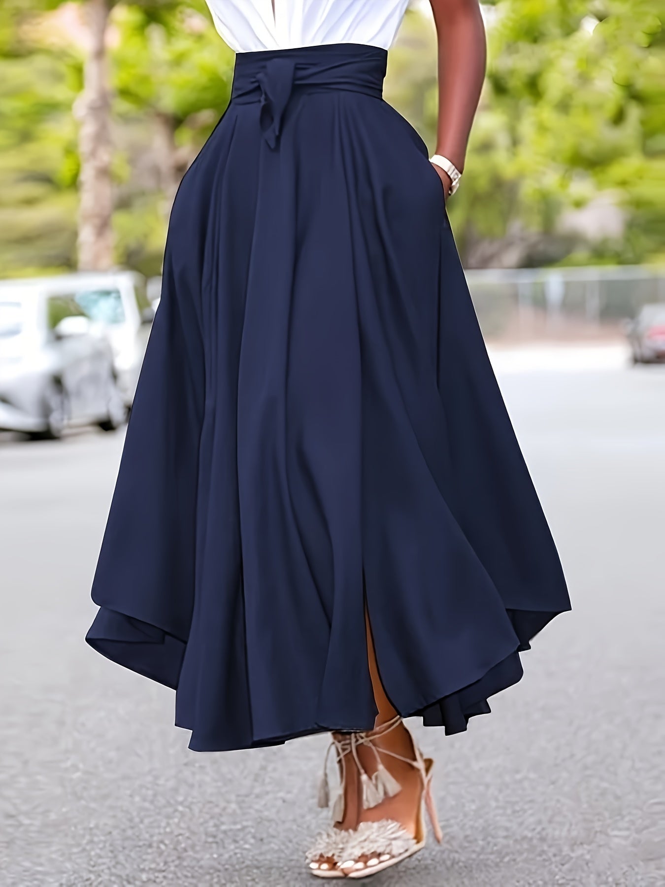 Plus Size Elegant Solid Color Maxi Skirt with Asymmetrical Hem and Belt - Casual Long Skirt with Pockets, Non-Stretch Polyester, Machine Washable - Navy Blue, Perfect for Spring/Summer/Fall, Plus Size Skirts - Topdecheztop.fr
