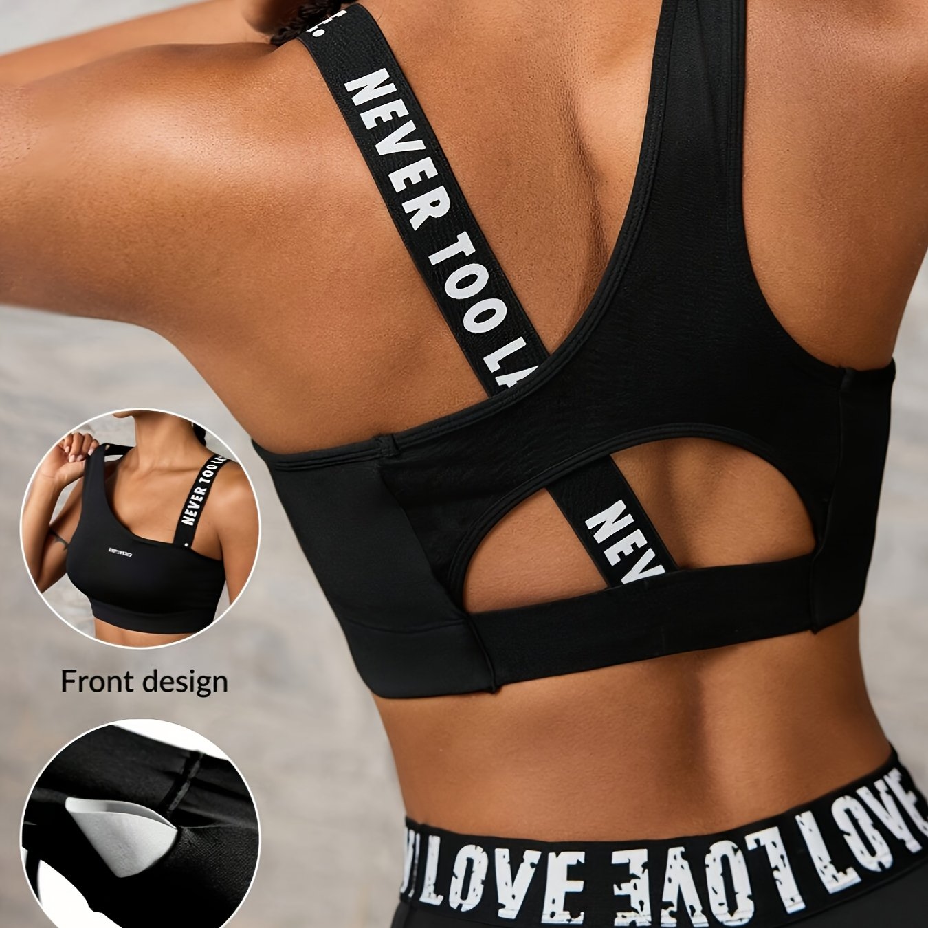 Women'S "NEVER TOO LATE" Graphic Asymmetrical Sports Bra - High Stretch, Hollow Back Design, Strapless Option, Perfect for Outdoor Activities, Workout Bra|Asymmetrical Neckline|Strapless Suppor - Topdecheztop.fr