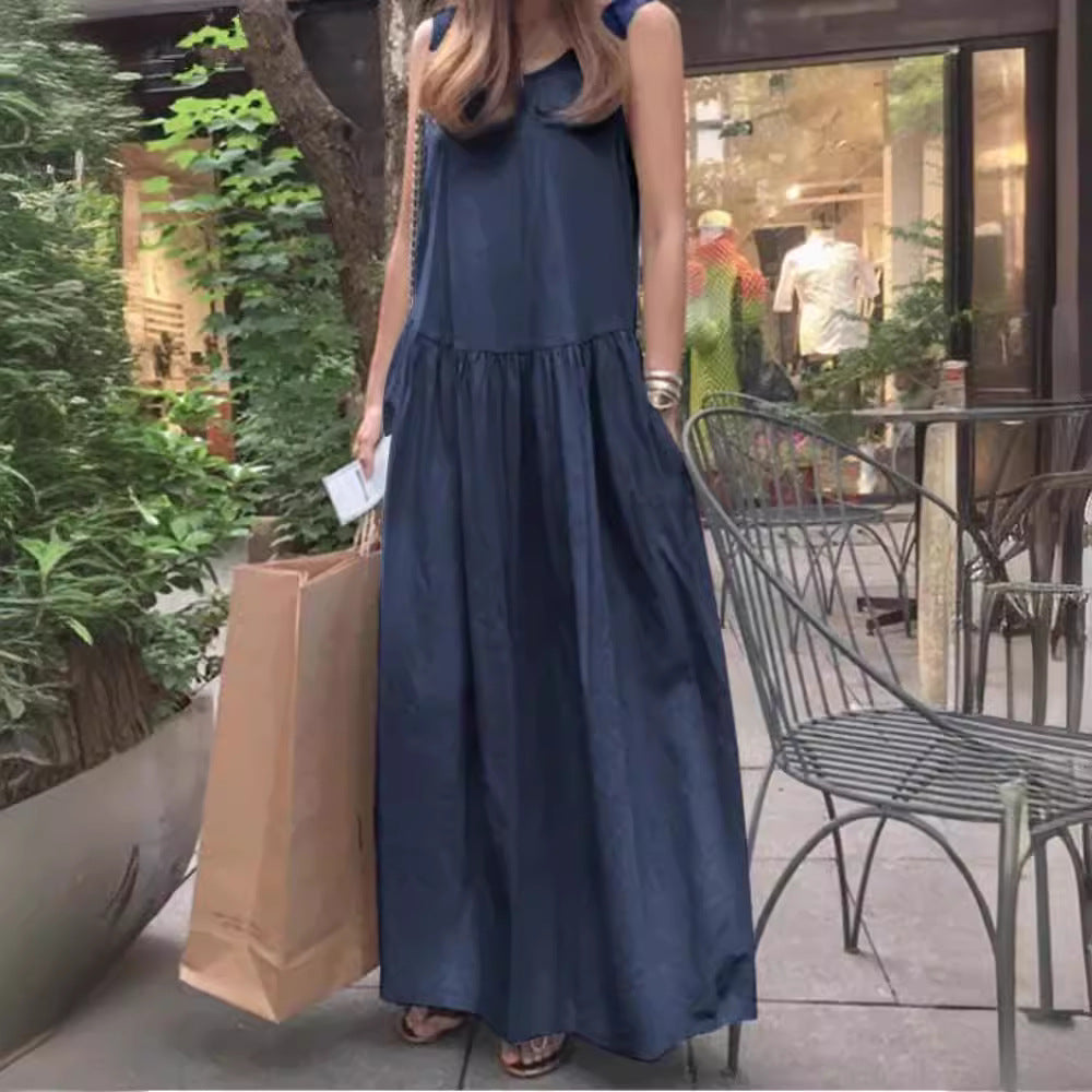 Robe longue ample à col rond et sans manches, grande taille, couleur unie