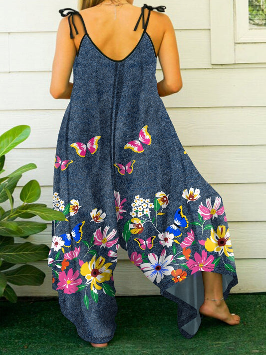 Combinaison grande taille à bretelles, style décontracté, imprimé papillons