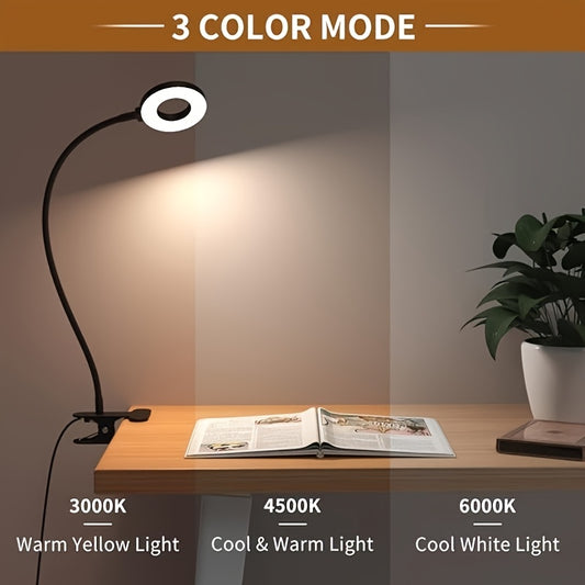 Lampe de bureau LED compacte avec port USB, fixation par pince, luminosité réglable, bras flexible à 360°, commande par bouton et sans piles