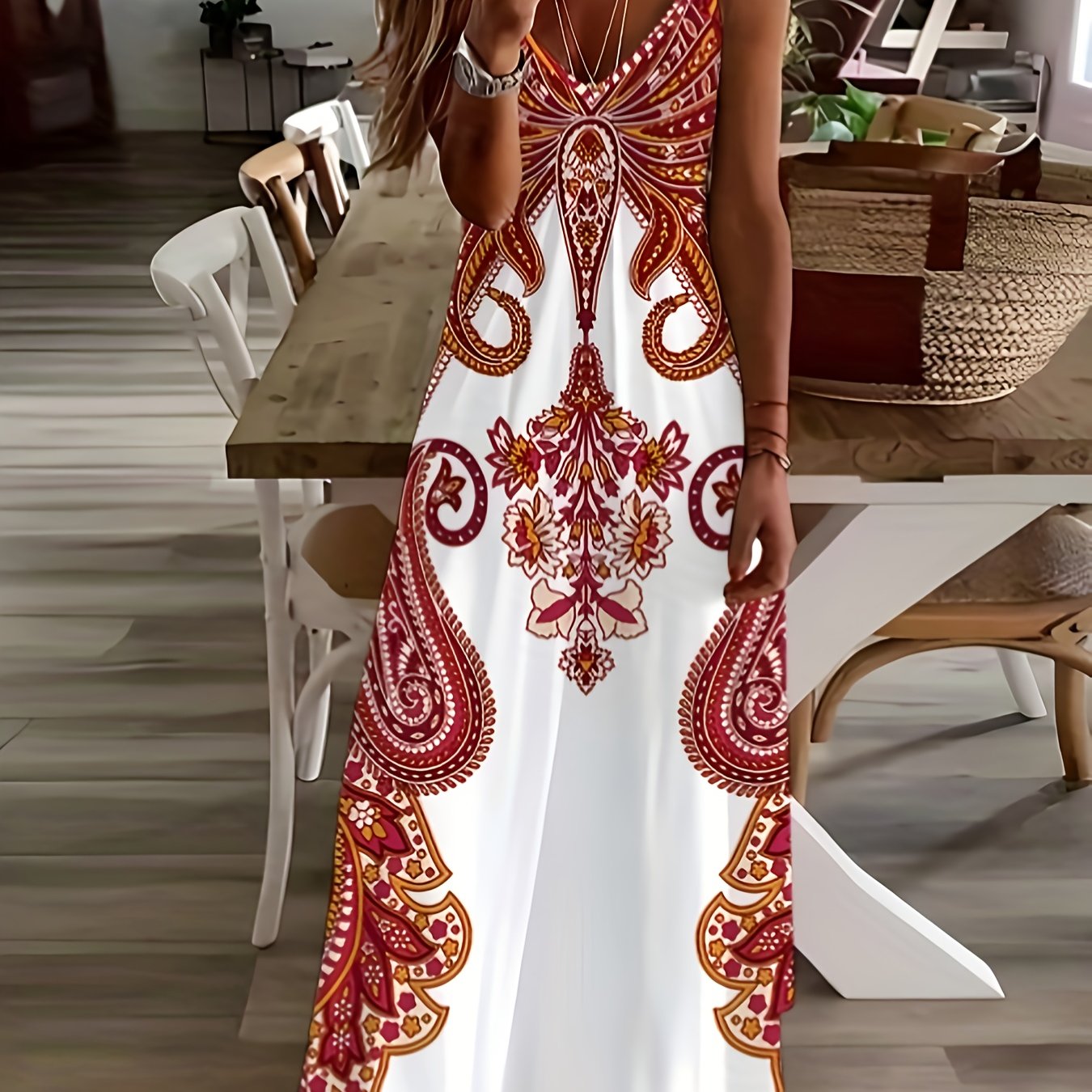 Robe camisole imprimé floral et col en V, robe décontractée sans manches