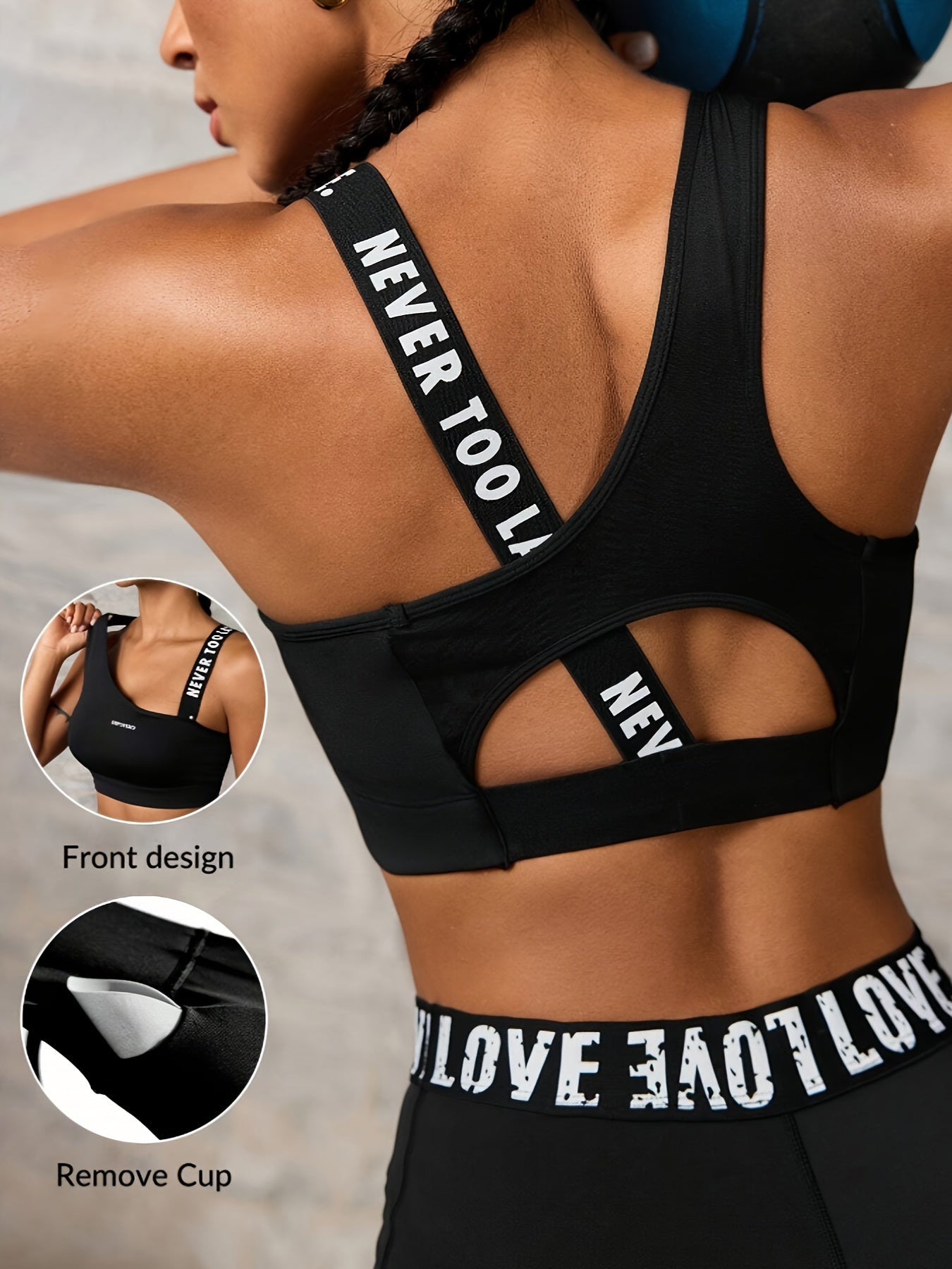 Women'S "NEVER TOO LATE" Graphic Asymmetrical Sports Bra - High Stretch, Hollow Back Design, Strapless Option, Perfect for Outdoor Activities, Workout Bra|Asymmetrical Neckline|Strapless Suppor - Topdecheztop.fr