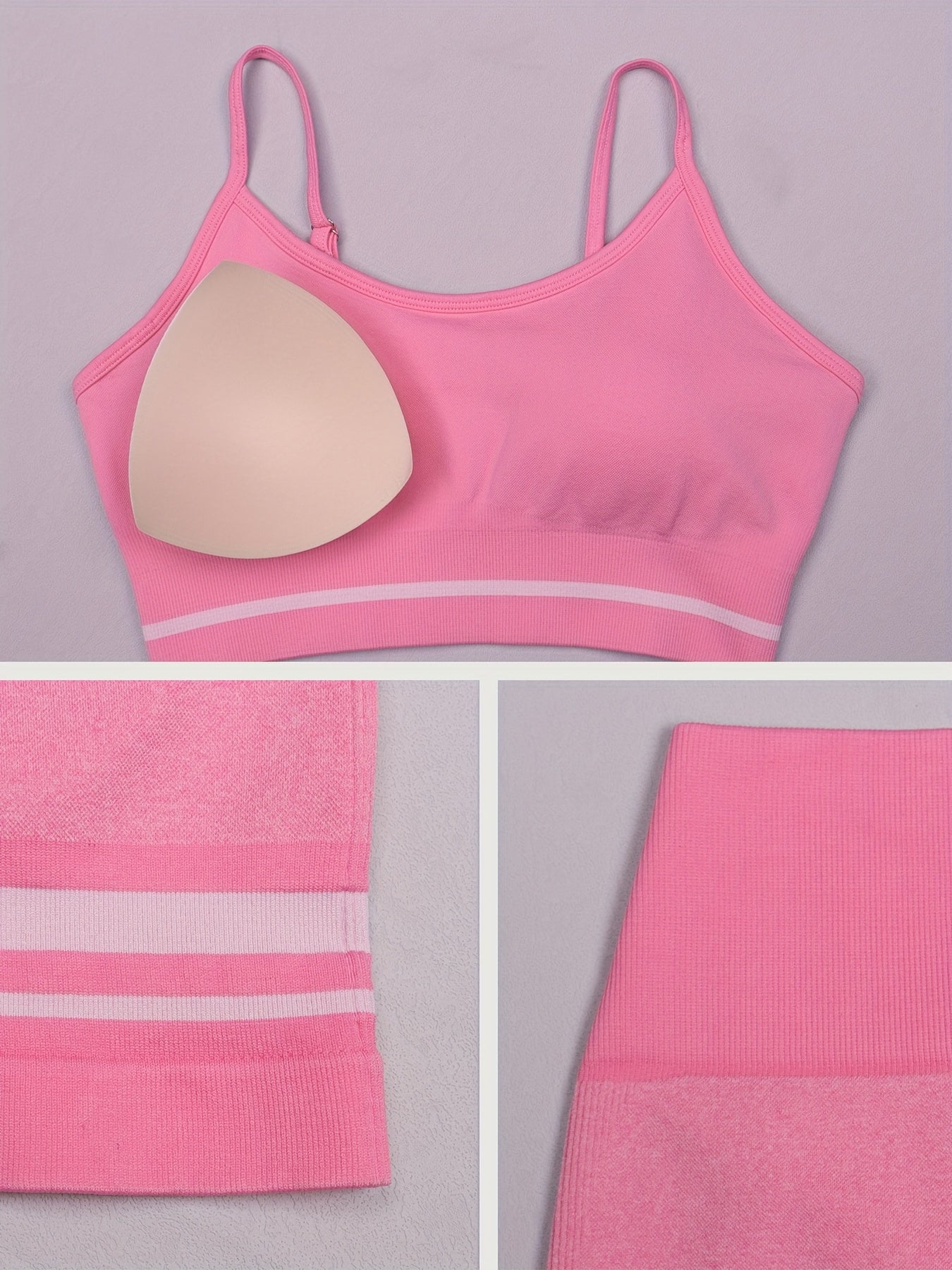 2pcs Women'S Sportswear Set - Adjustable Strap & Supportive Bra Top & High-Waist V-Neck Jeggingsuit with Striped Leggings, Stretchy Fabric, Perfect for Cycling, Yoga, and Indoor Workouts, Gym Clothe - Topdecheztop.fr