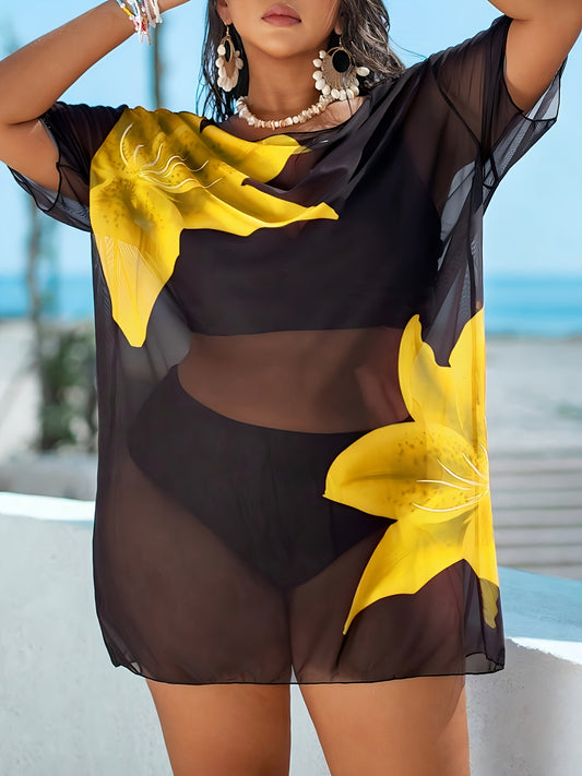 Robe de plage à imprimé floral grande taille pour femme - Cache-maillot léger