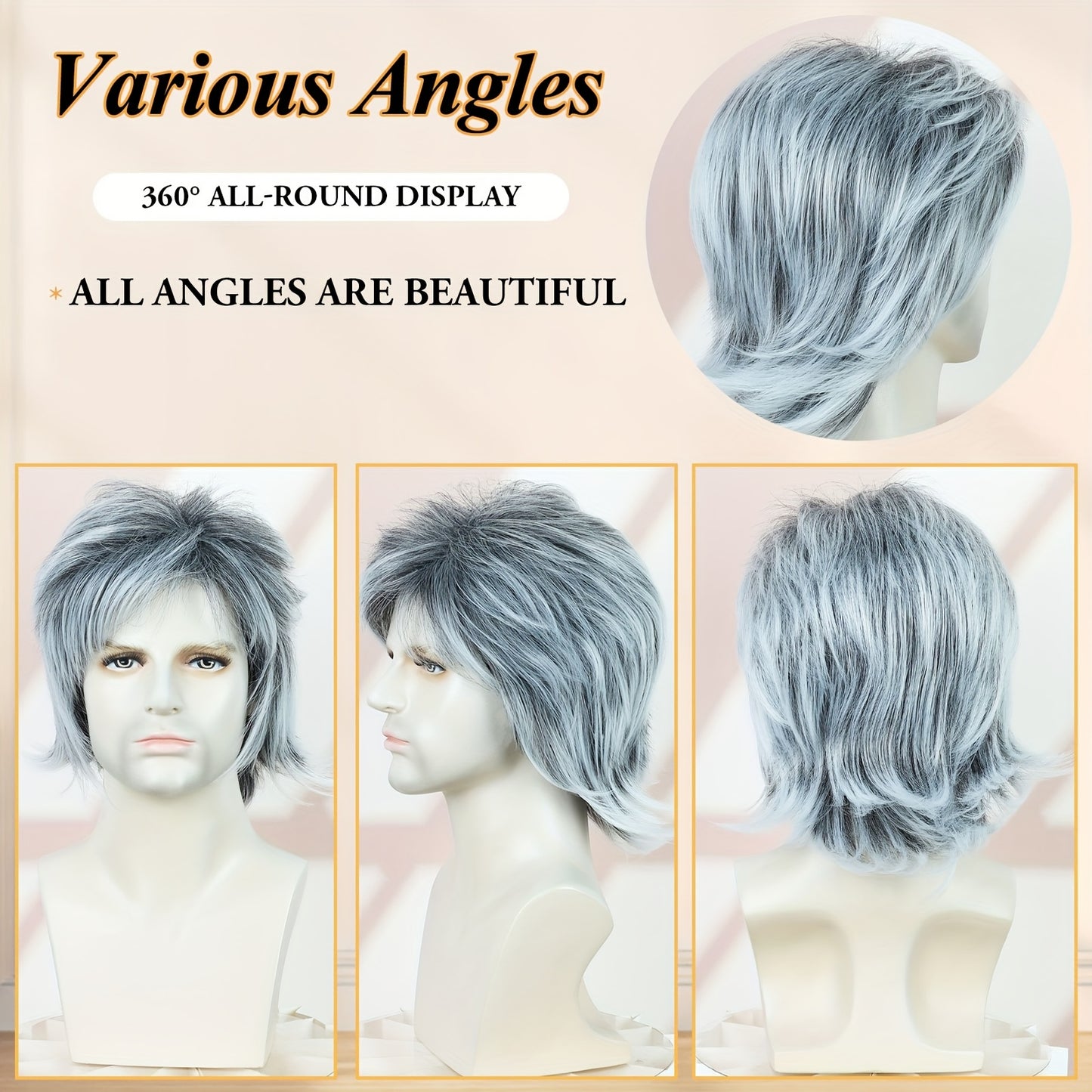 Perruque courte ondulée grise pour homme