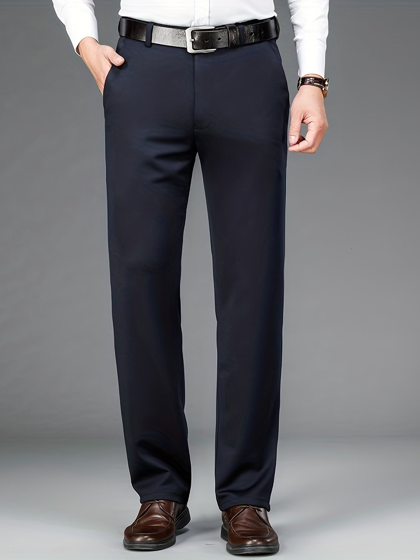 Pantalon habillé classique, couleur unie, légèrement extensible, pour homme