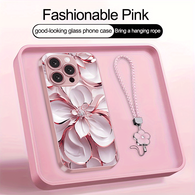 Coque de téléphone en verre plaqué avec motif floral et lanière,IPHONE - Topdecheztop.fr