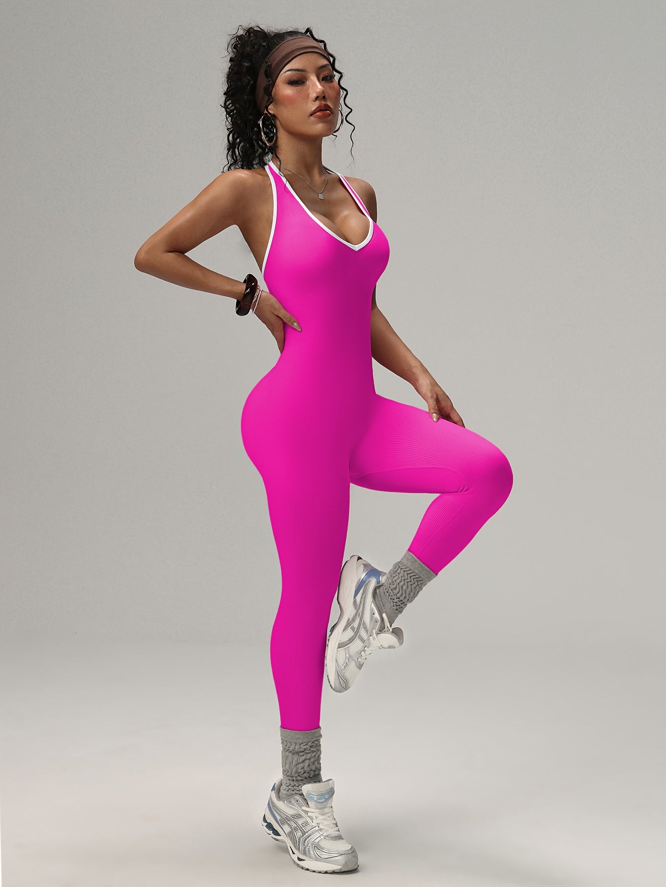 Women'S High-Waisted Yoga Bodysuit - Stretchy, Comfortable, and Sexy Backless Halter Neck Design in Vibrant Pink & Purple Ribbed Patterns, Perfect for Fitness and Exercise, Workout Clothing | Halter Neckline | Stretchy Fabric - Topdecheztop.fr