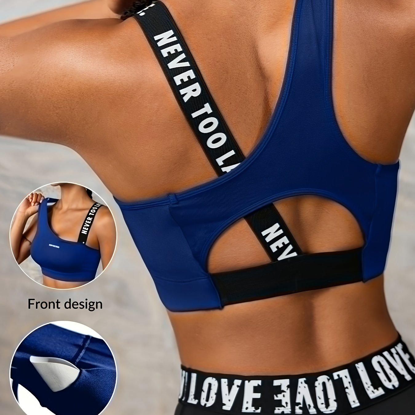 Women'S "NEVER TOO LATE" Graphic Asymmetrical Sports Bra - High Stretch, Hollow Back Design, Strapless Option, Perfect for Outdoor Activities, Workout Bra|Asymmetrical Neckline|Strapless Suppor - Topdecheztop.fr