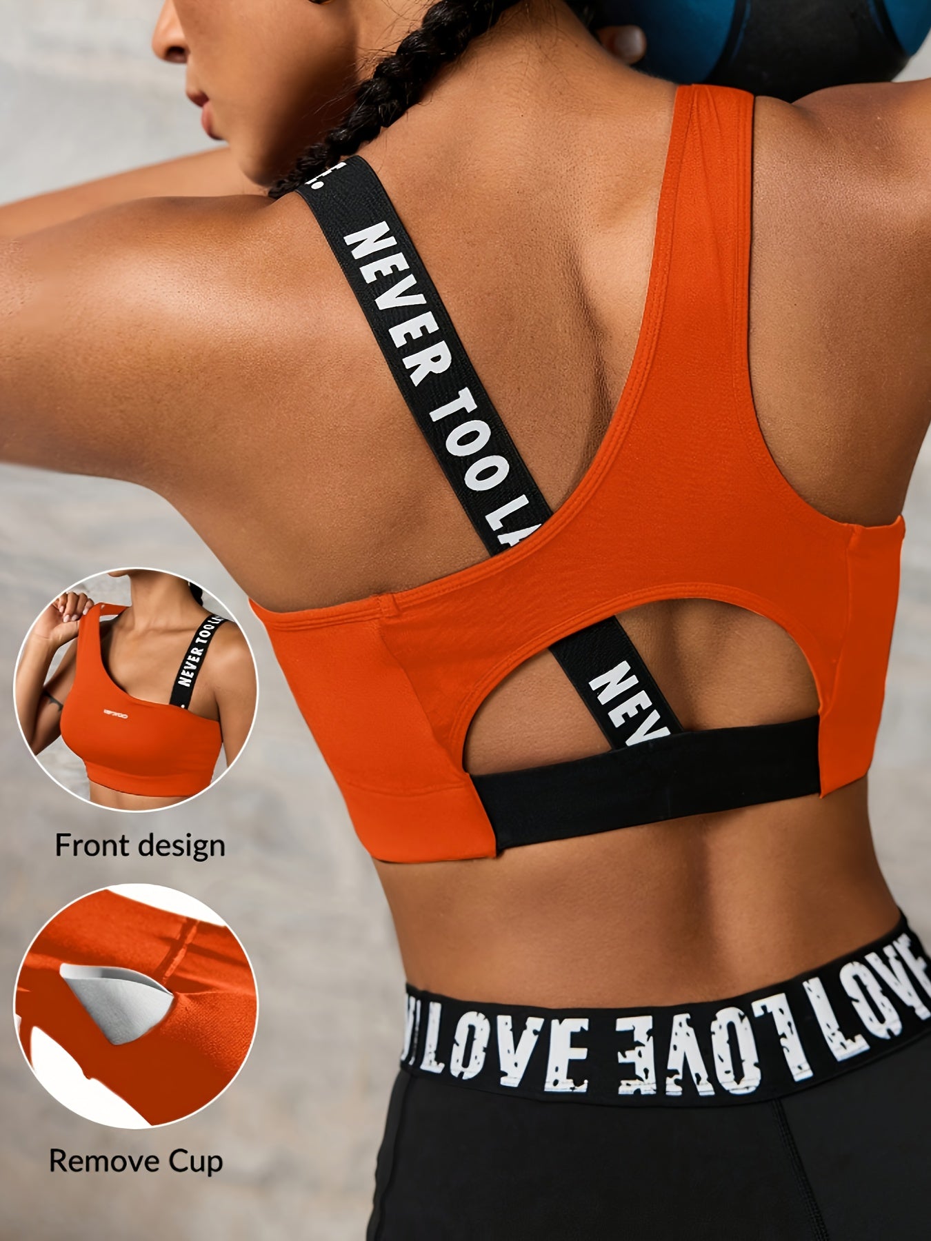 Women'S "NEVER TOO LATE" Graphic Asymmetrical Sports Bra - High Stretch, Hollow Back Design, Strapless Option, Perfect for Outdoor Activities, Workout Bra|Asymmetrical Neckline|Strapless Suppor - Topdecheztop.fr