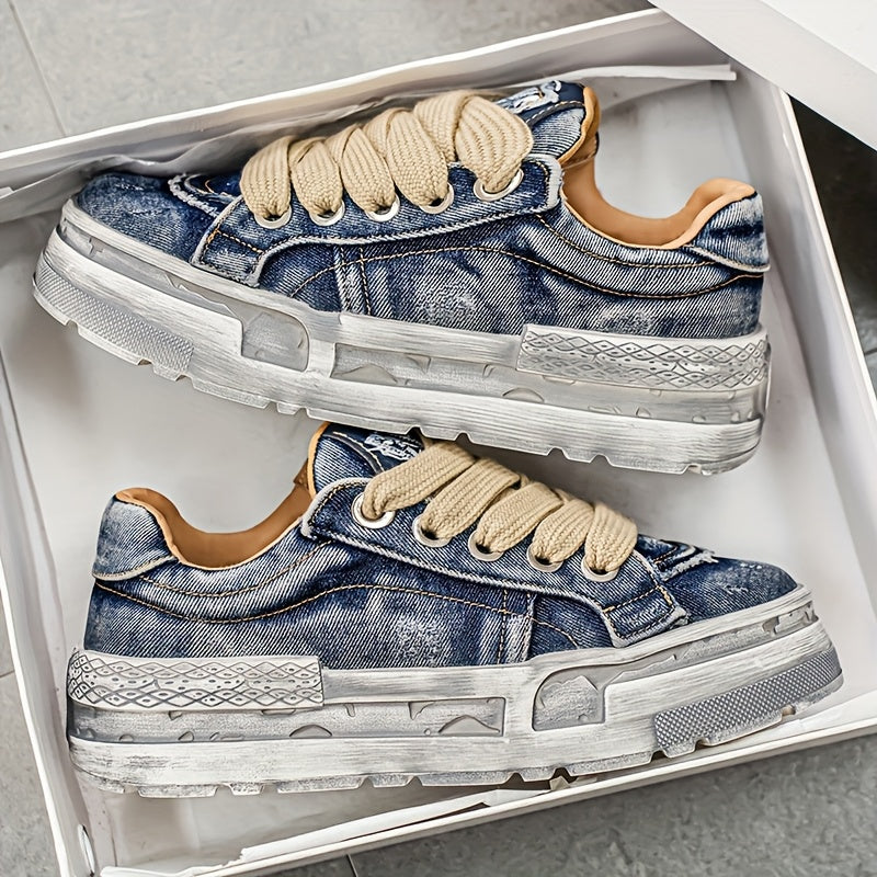 Chaussures décontractées en denim délavé rétro à semelles épaisses