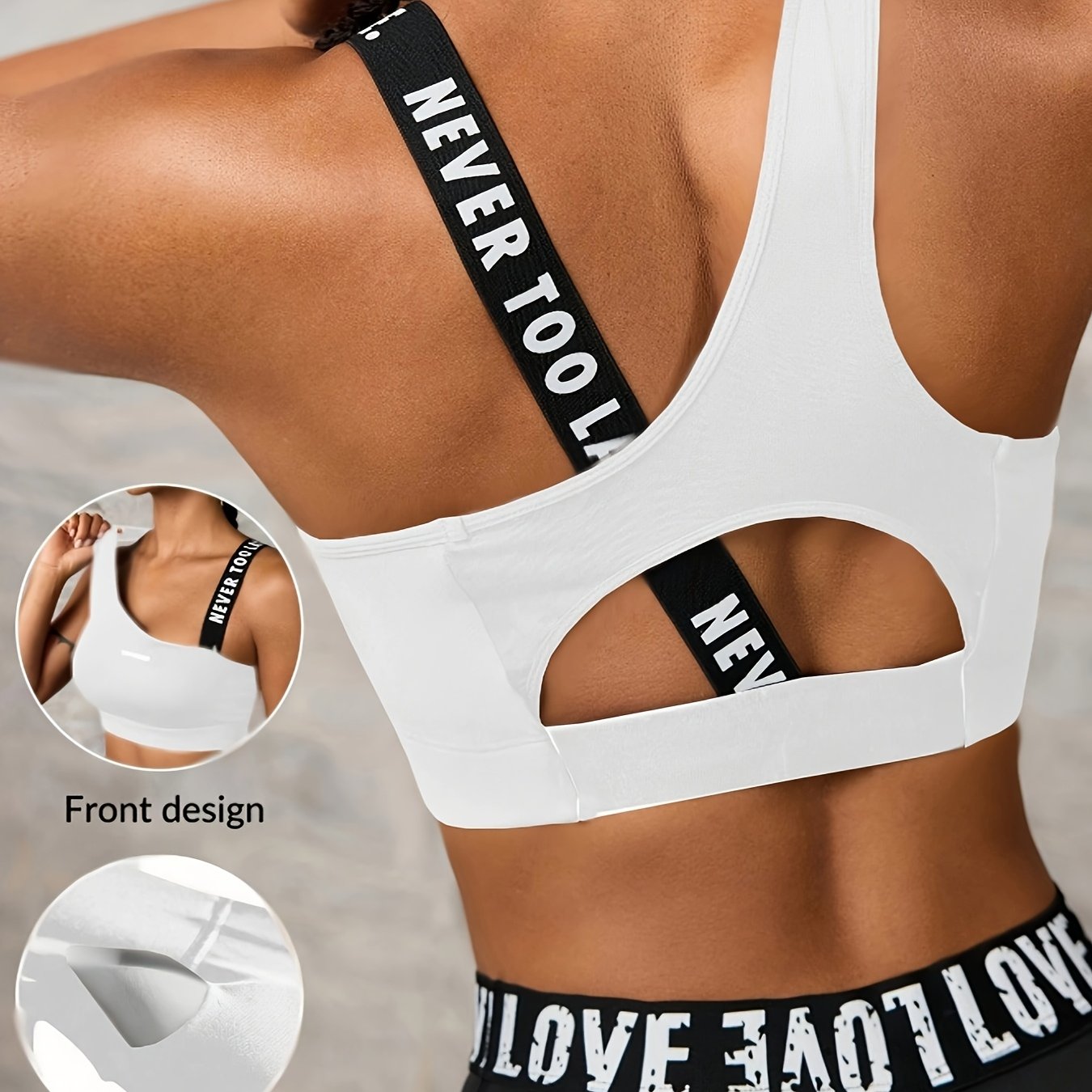 Women'S "NEVER TOO LATE" Graphic Asymmetrical Sports Bra - High Stretch, Hollow Back Design, Strapless Option, Perfect for Outdoor Activities, Workout Bra|Asymmetrical Neckline|Strapless Suppor - Topdecheztop.fr