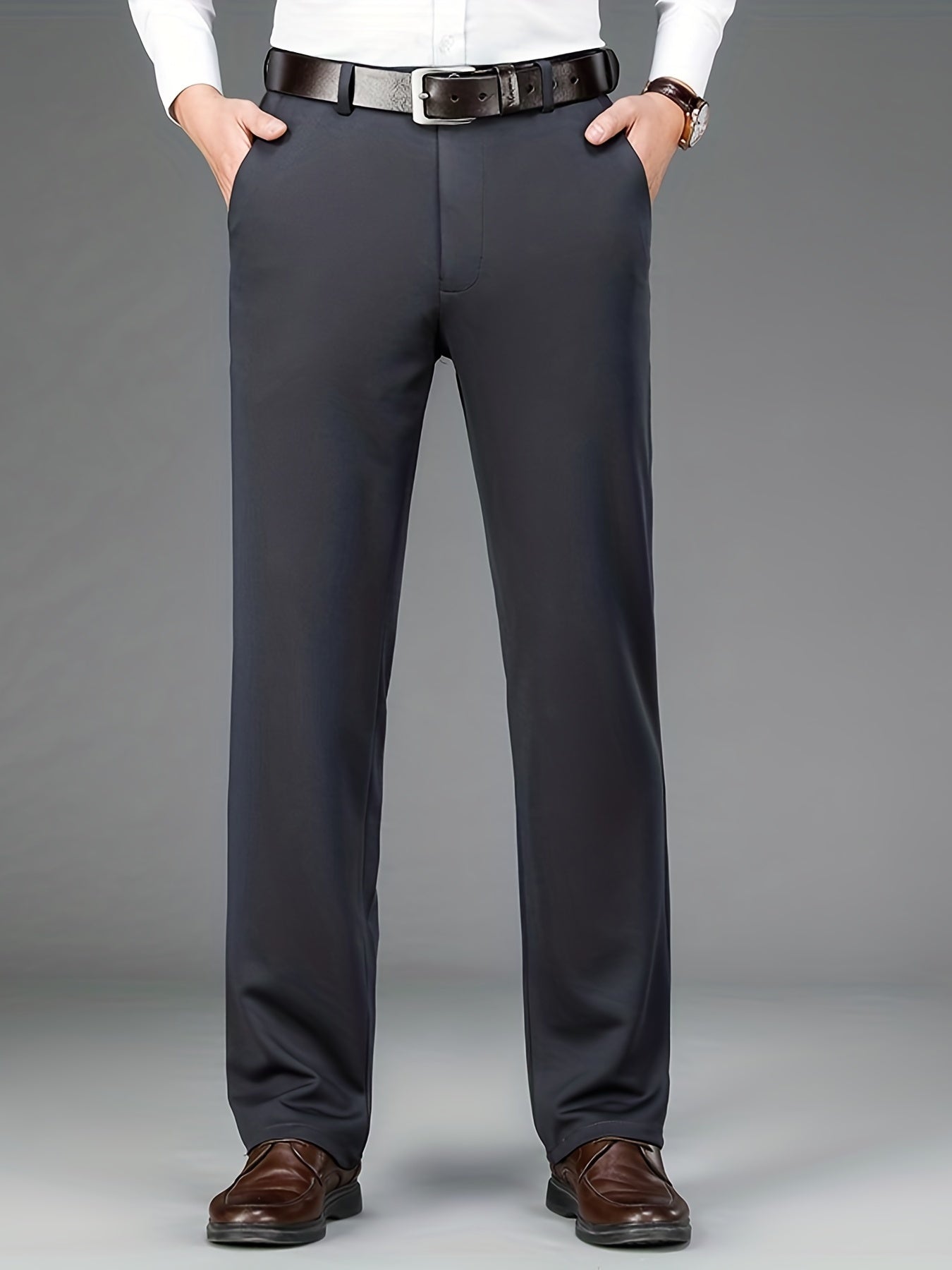 Pantalon habillé classique, couleur unie, légèrement extensible, pour homme