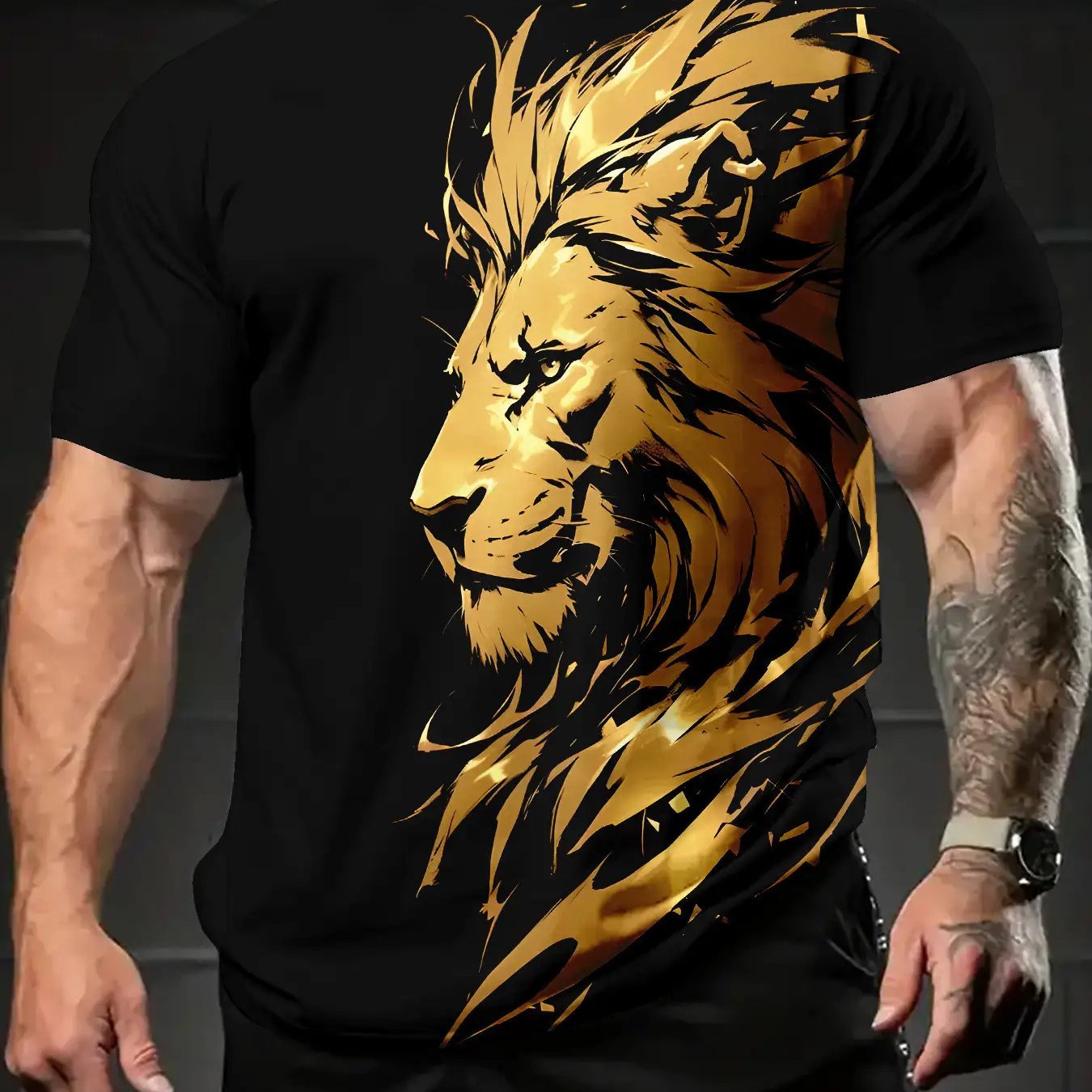 T-shirt homme à motif lion noir - Imprimé numérique