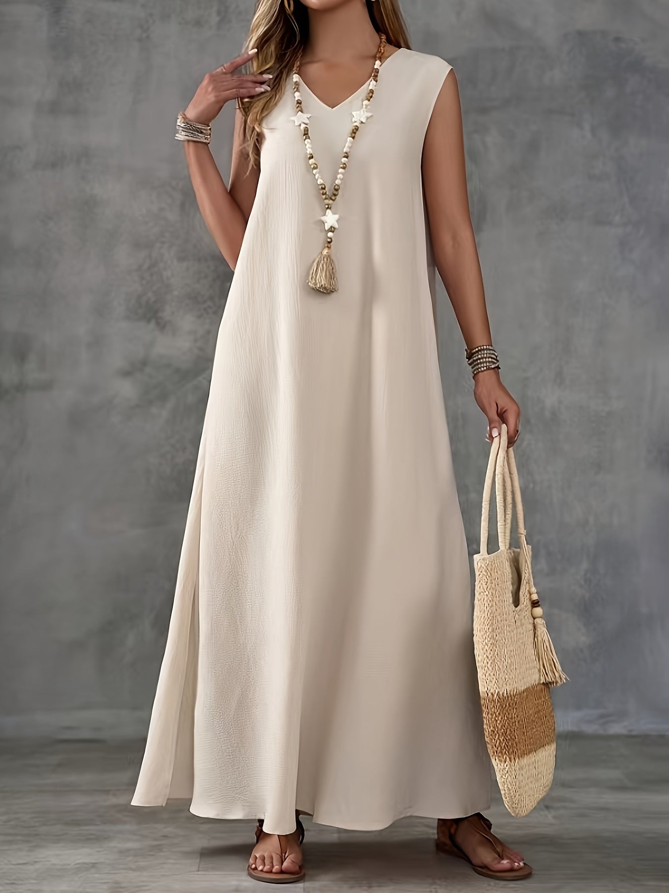 Robe fendue grande taille, couleur unie, décontractée, sans manches