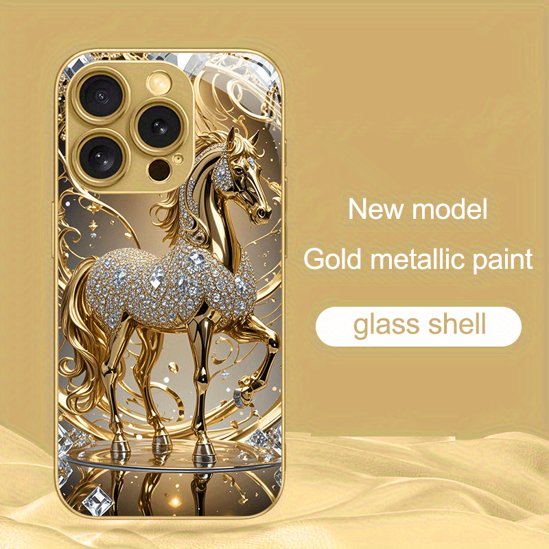 Coque de téléphone de luxe premium en verre avec motif cheval doré - Topdecheztop.fr