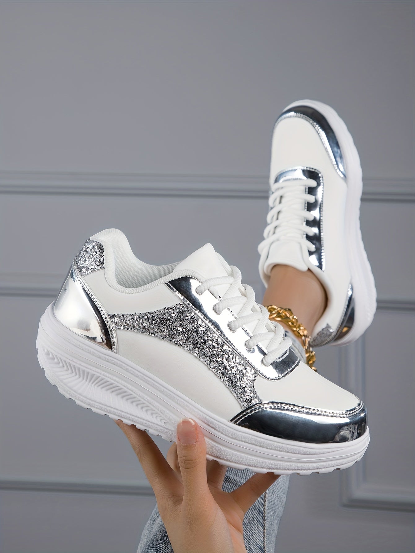 Chaussures à paillettes pour femmes, baskets basses à plateforme tendance - Topdecheztop.fr