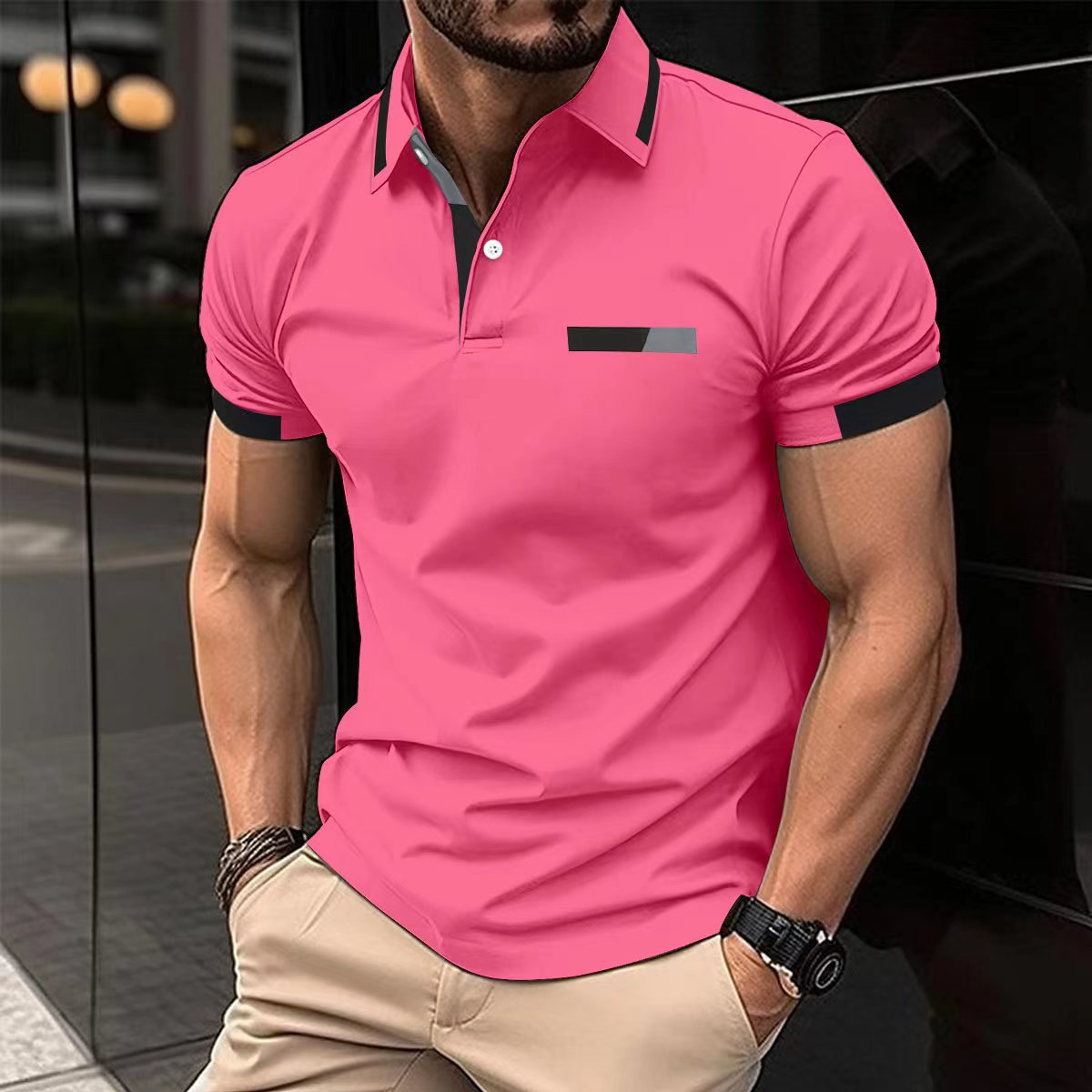 Polo décontracté pour homme, fausse poche poitrine, revers boutonné, style business