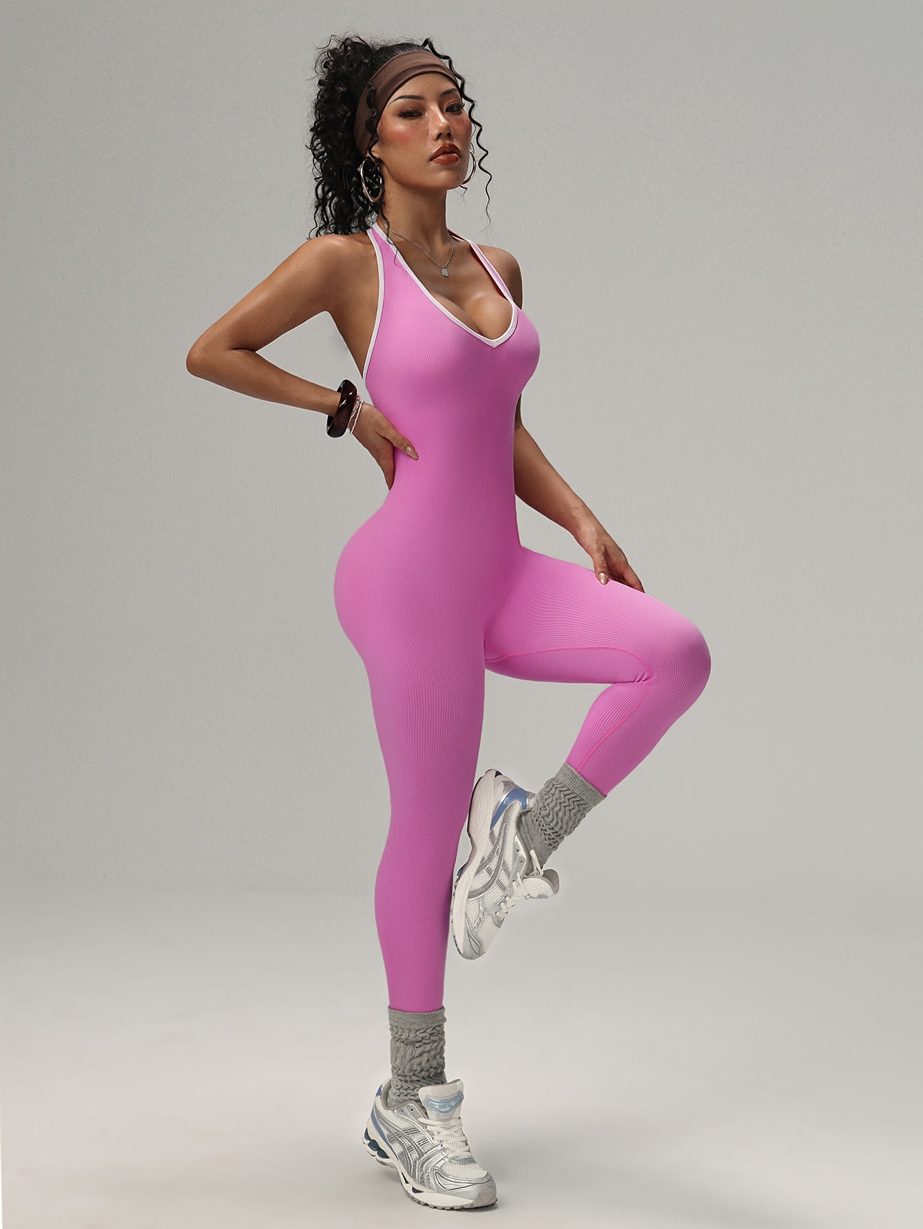 Women'S High-Waisted Yoga Bodysuit - Stretchy, Comfortable, and Sexy Backless Halter Neck Design in Vibrant Pink & Purple Ribbed Patterns, Perfect for Fitness and Exercise, Workout Clothing | Halter Neckline | Stretchy Fabric - Topdecheztop.fr