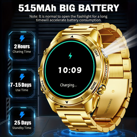 Montre connectée avec bracelet en acier doré, écran tactile haute définition