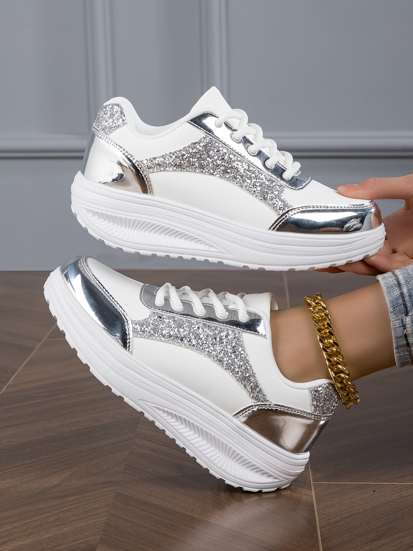 Chaussures à paillettes pour femmes, baskets basses à plateforme tendance - Topdecheztop.fr