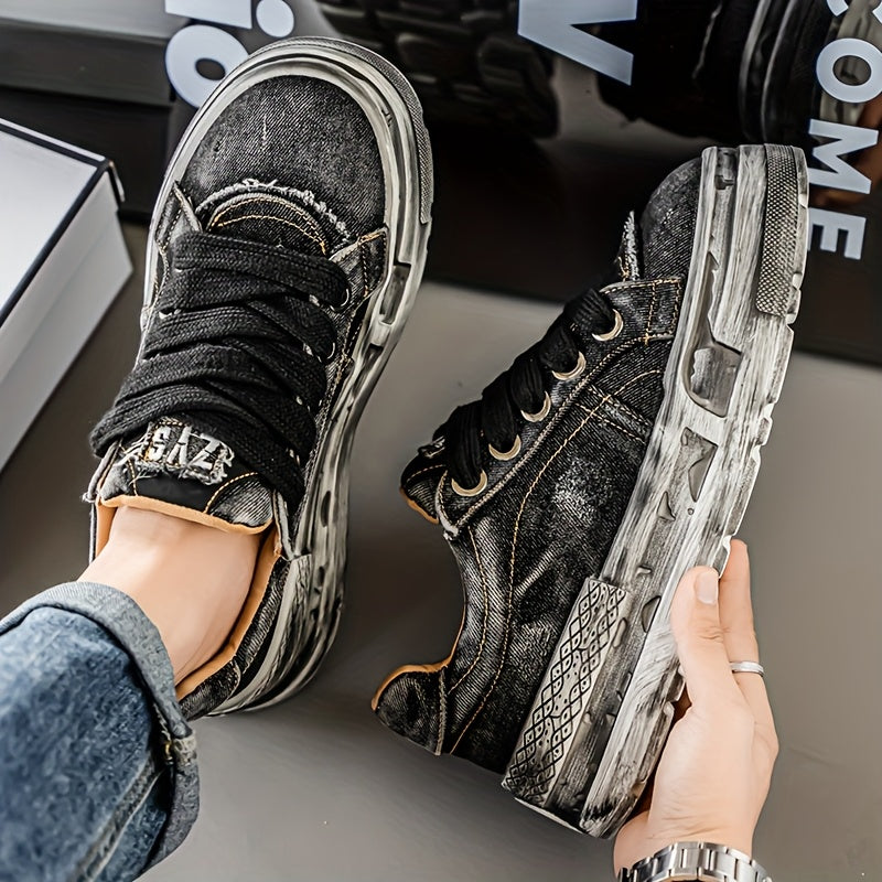 Chaussures décontractées en denim délavé rétro à semelles épaisses