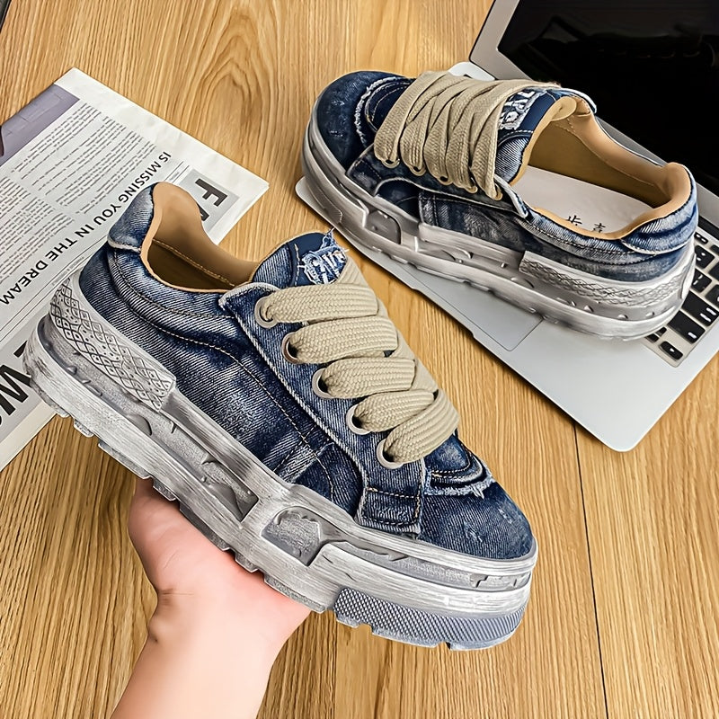 Chaussures décontractées en denim délavé rétro à semelles épaisses