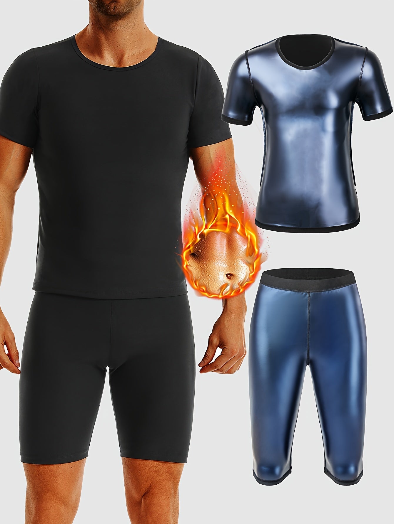 Men's Sauna Compression Sports Outfit - Sweat-Enhancing Short Sleeve Top & High Waist Shorts Set - Gym Fitness Body Shaper For Men - Topdecheztop.fr