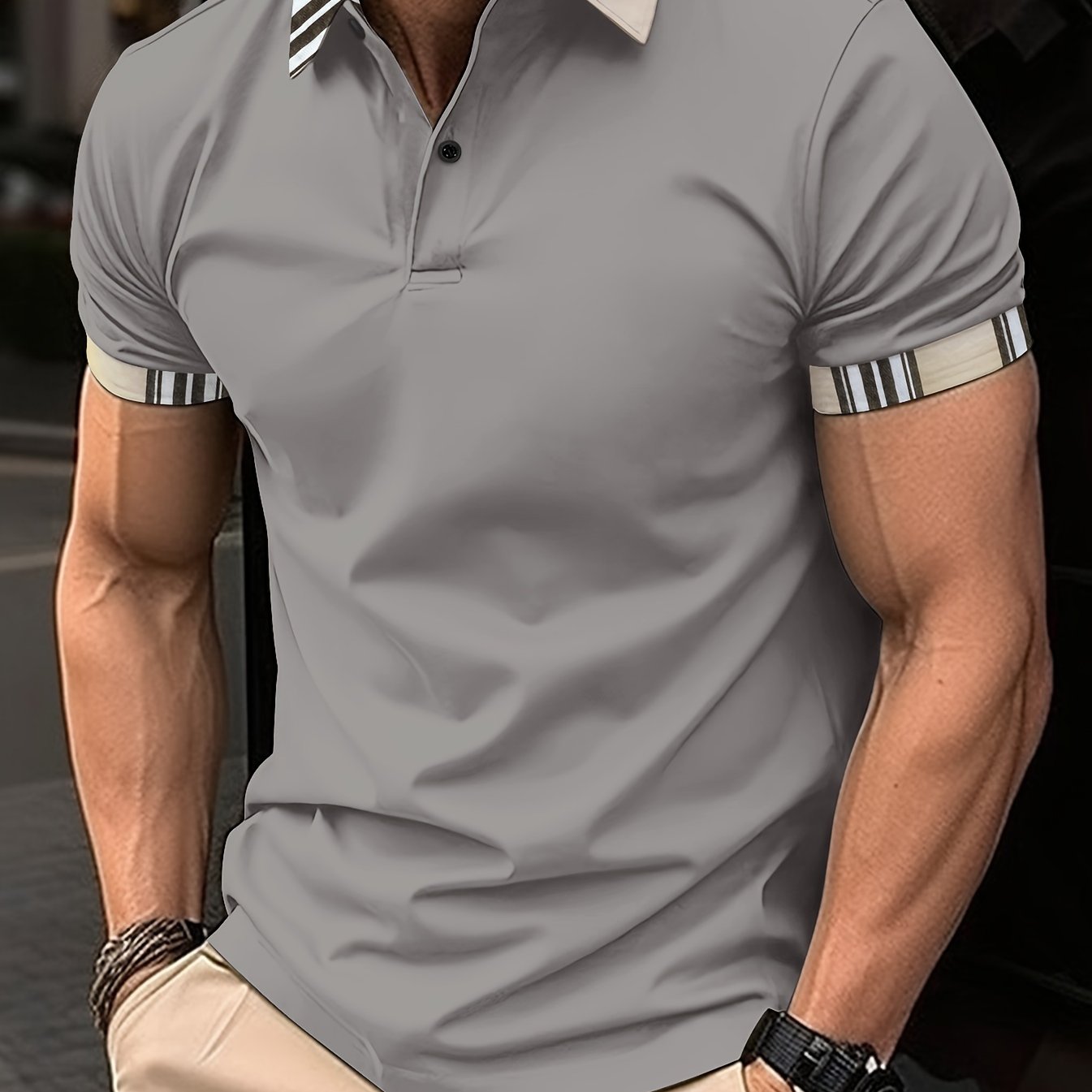 T-shirt à manches courtes, respirant, imprimé à rayures, avec bordure et revers - Topdecheztop.fr