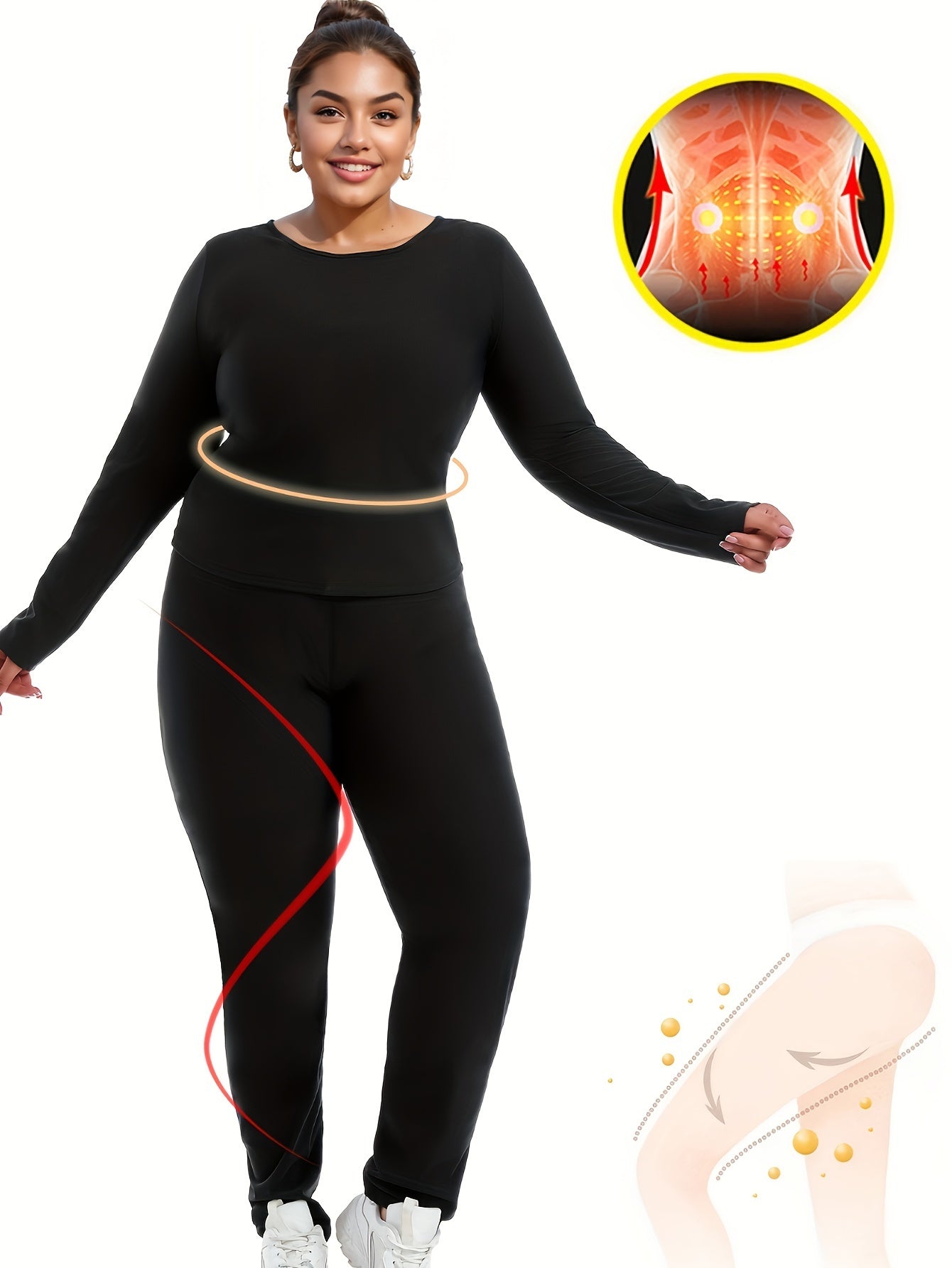 Set Of 2 Plus-size Women's Sportswear, Sauna Yoga Set, With Internal Sweat-absorbing Coating, Moisture-wicking, Yoga And Fitness Clothing, Plus-size Long-sleeved Top And Sauna Pants - Topdecheztop.fr