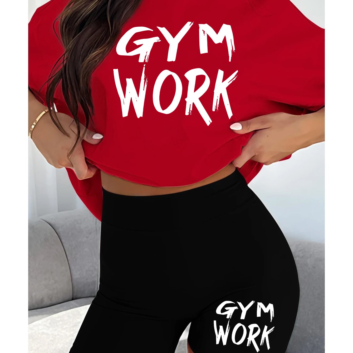 2pcs Women'S Gym Workout Set with Bold "GYM WORK" Letter Print T-Shirt and Black Shorts, Casual Athletic Outfit for Running and Fitness, Comfortable Fabric, Ladies' - Topdecheztop.fr