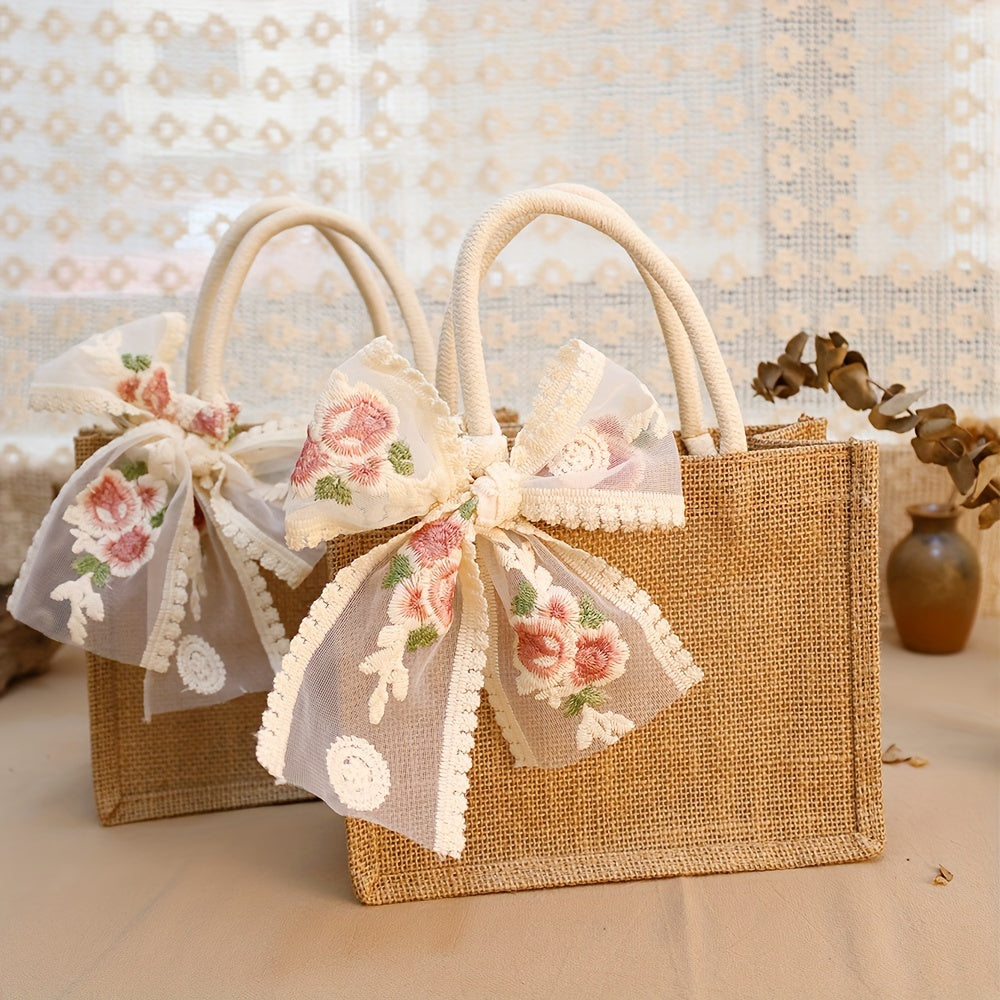 Lot de 2 sacs fourre-tout en toile de jute avec ruban en dentelle