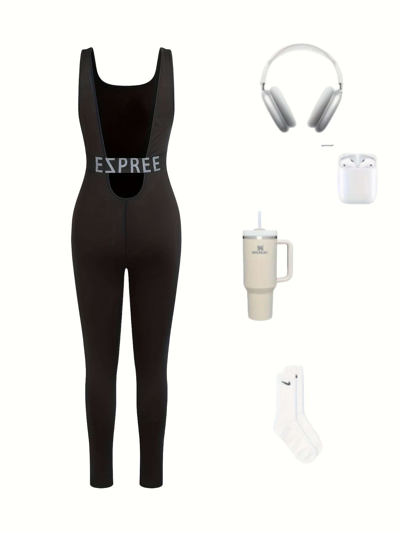 Women's High-Elasticity Backless Yoga Running Leggings - Solid Color Black Square Neck Workout Pants, Machine Washable Spring/Summer Fitness Apparel, Yoga Pants, Gym Apparel, Sleek Sporty Look, Highelasticity Fabric, Activewe - Topdecheztop.fr