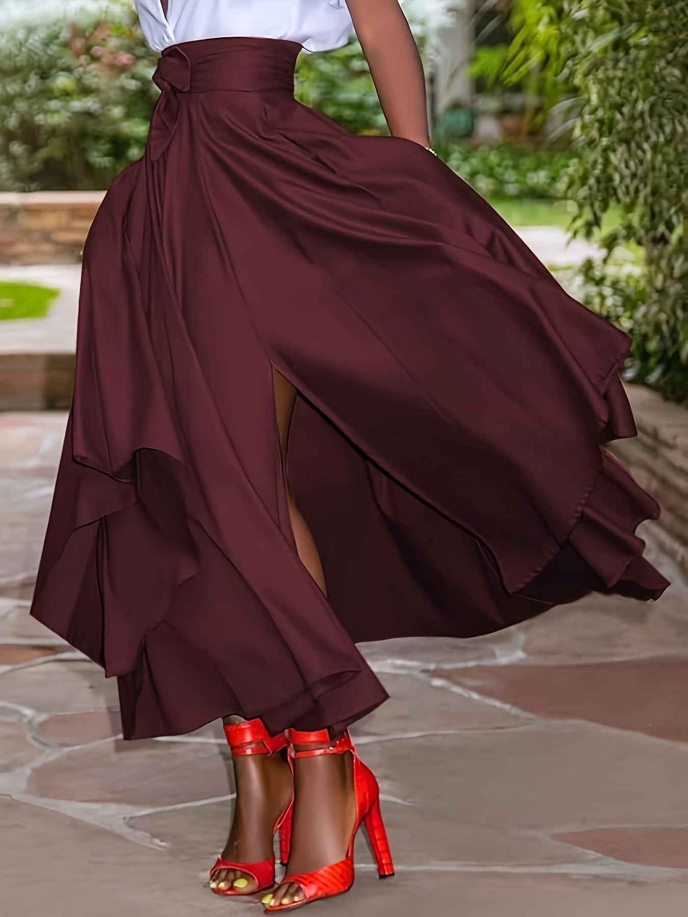 Plus Size Elegant Solid Color Maxi Skirt with Asymmetrical Hem and Belt - Casual Long Skirt with Pockets, Non-Stretch Polyester, Machine Washable - Navy Blue, Perfect for Spring/Summer/Fall, Plus Size Skirts - Topdecheztop.fr