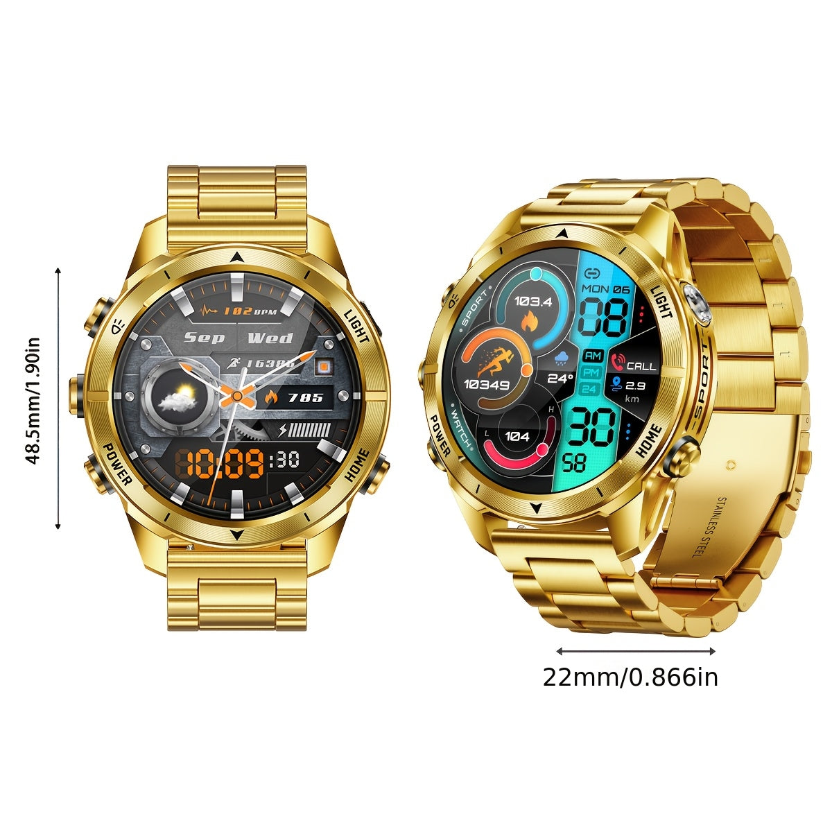 Montre connectée avec bracelet en acier doré, écran tactile haute définition