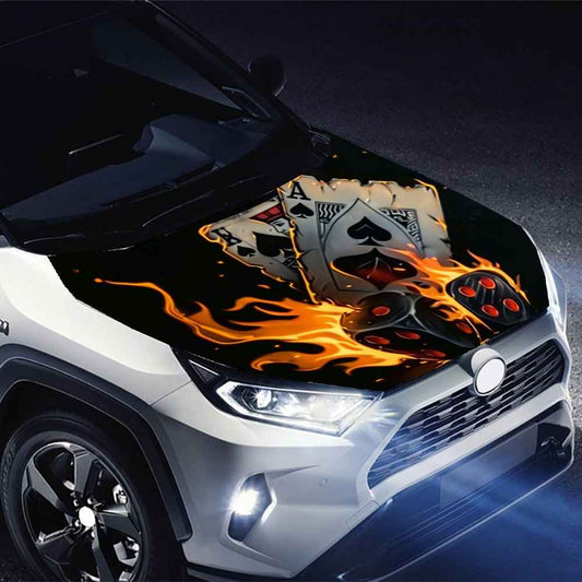 Flame Card Vinyl Stickers Car Engine Cover Wrap Colorful Vinyl Stickers Truck Pattern Engine Cover Car Accessories Decoration Dice Stickers Gift, Car Decal Stickers, Cool Car Accessories, Koi Car Side Stickers, Car Hood Stick