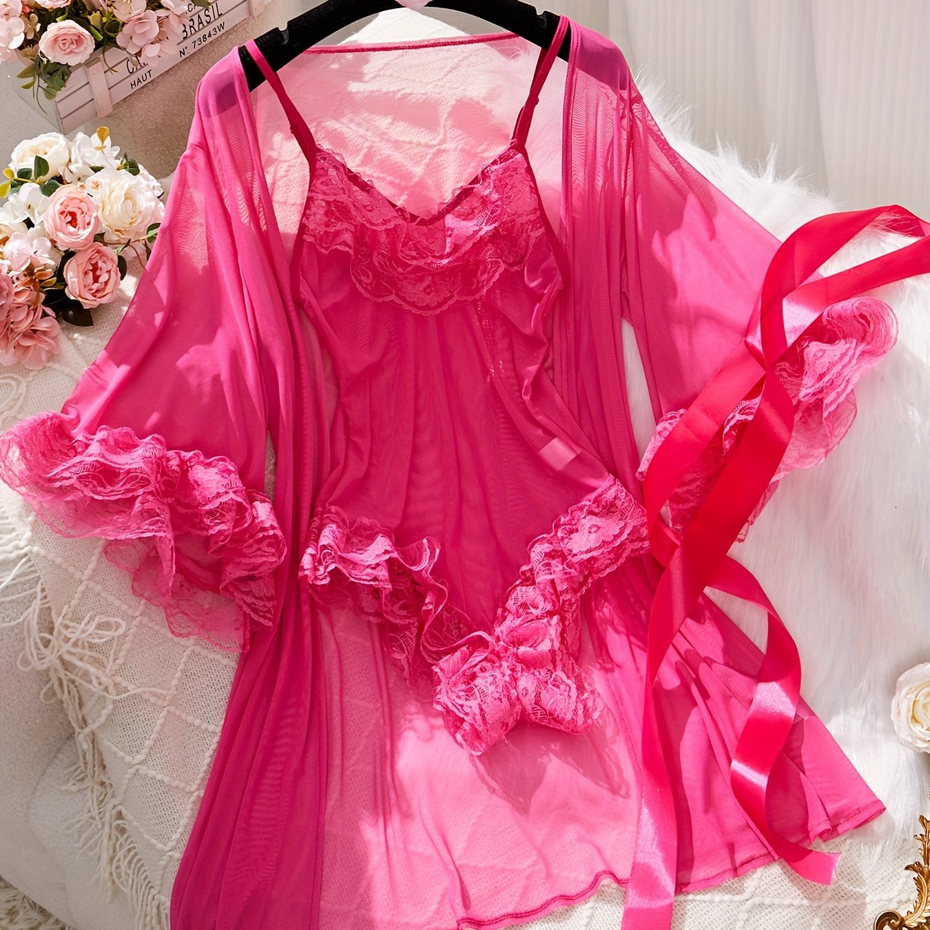 Ensemble de lingerie en dentelle contrastée unie, body et peignoir à col en V - Topdecheztop.fr