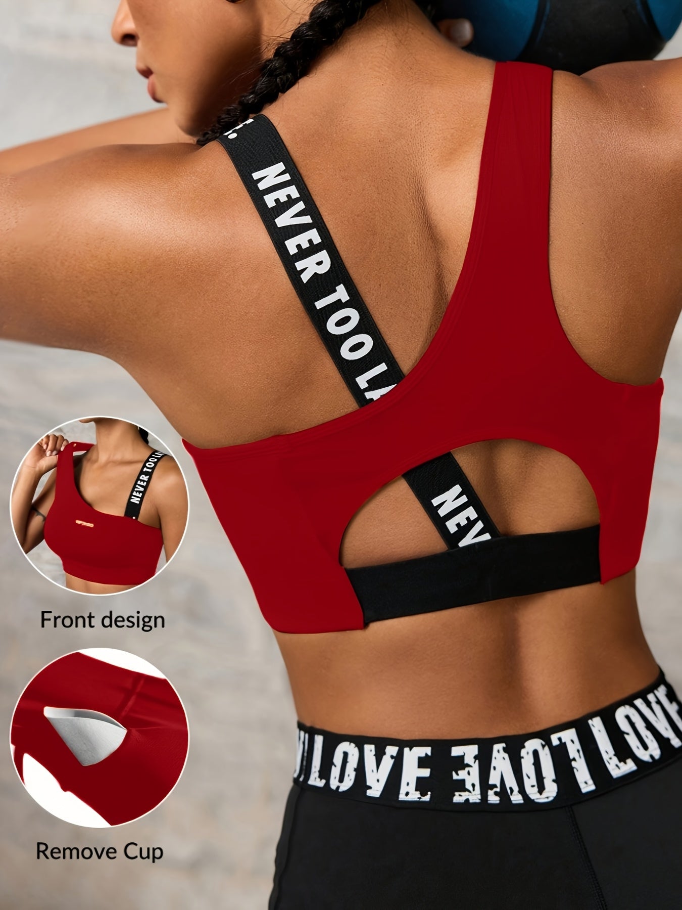 Women'S "NEVER TOO LATE" Graphic Asymmetrical Sports Bra - High Stretch, Hollow Back Design, Strapless Option, Perfect for Outdoor Activities, Workout Bra|Asymmetrical Neckline|Strapless Suppor - Topdecheztop.fr