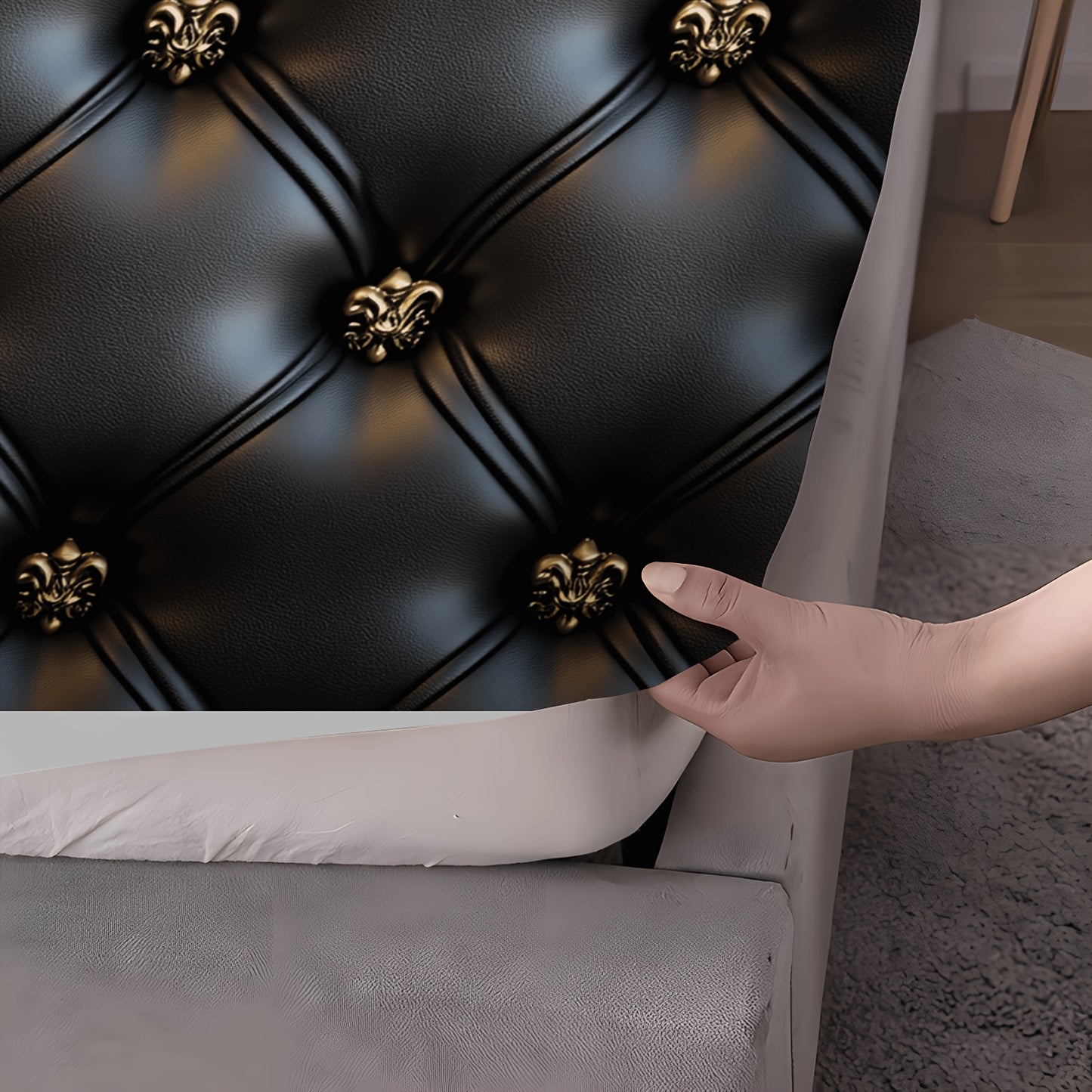 Ensemble de drap-housse capitonné 3 pièces, motif cuir noir avec boutons dorés