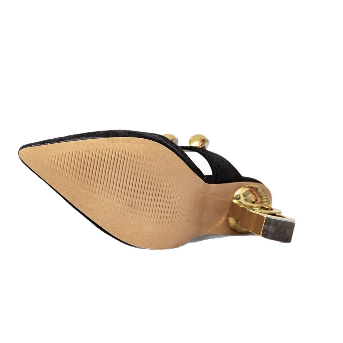 Sandales noires à talons hauts, talon haut en forme doré