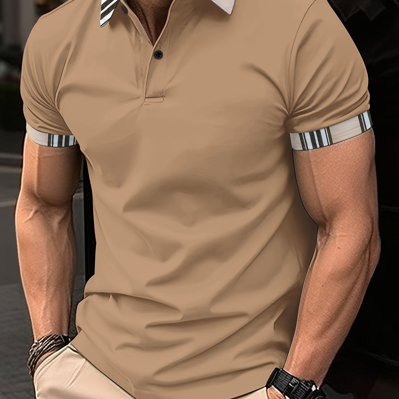 T-shirt à manches courtes, respirant, imprimé à rayures, avec bordure et revers - Topdecheztop.fr