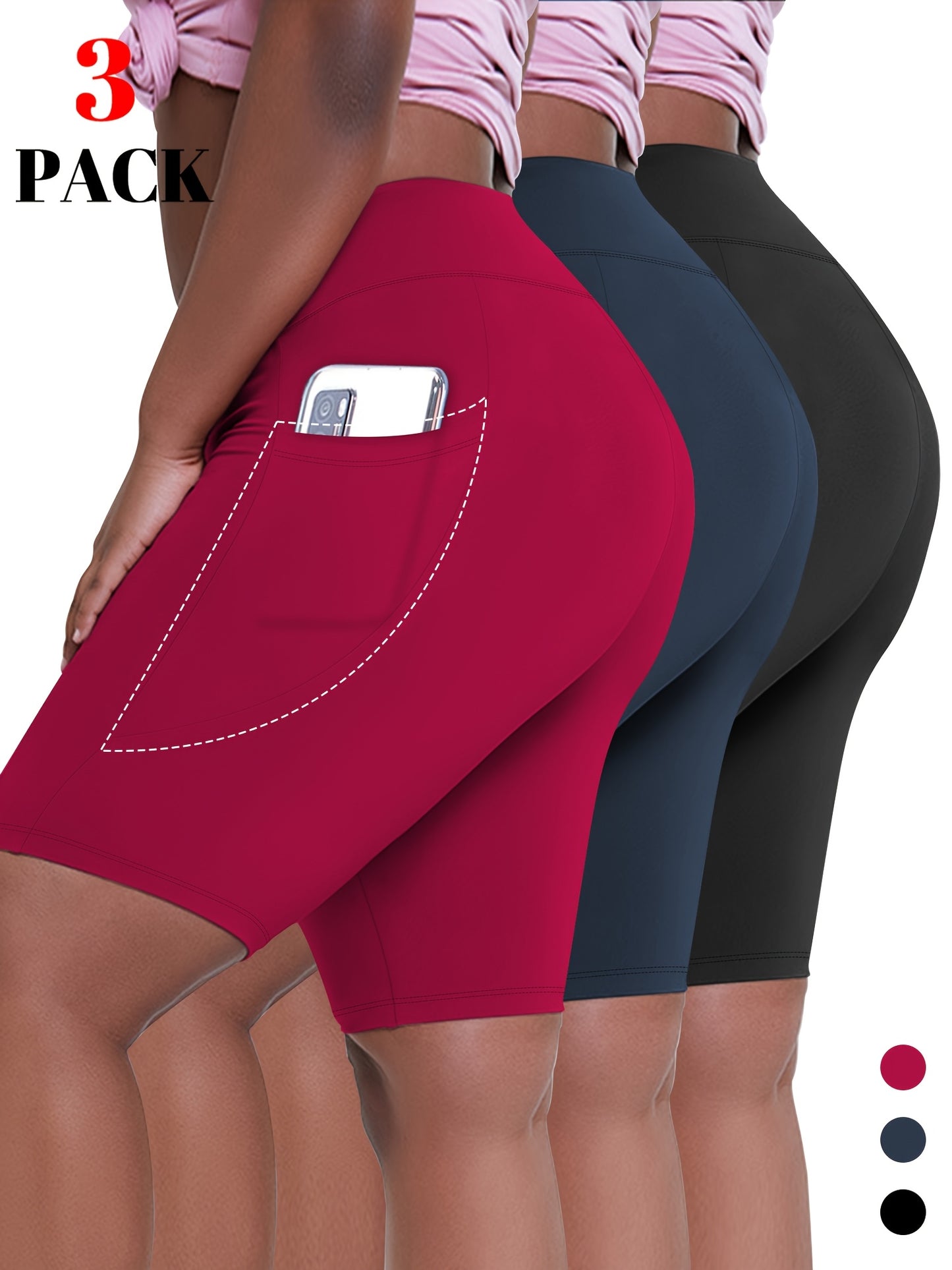 Lot de 3 bermudas taille haute avec poches en forme de lune, grande taille - Topdecheztop.fr