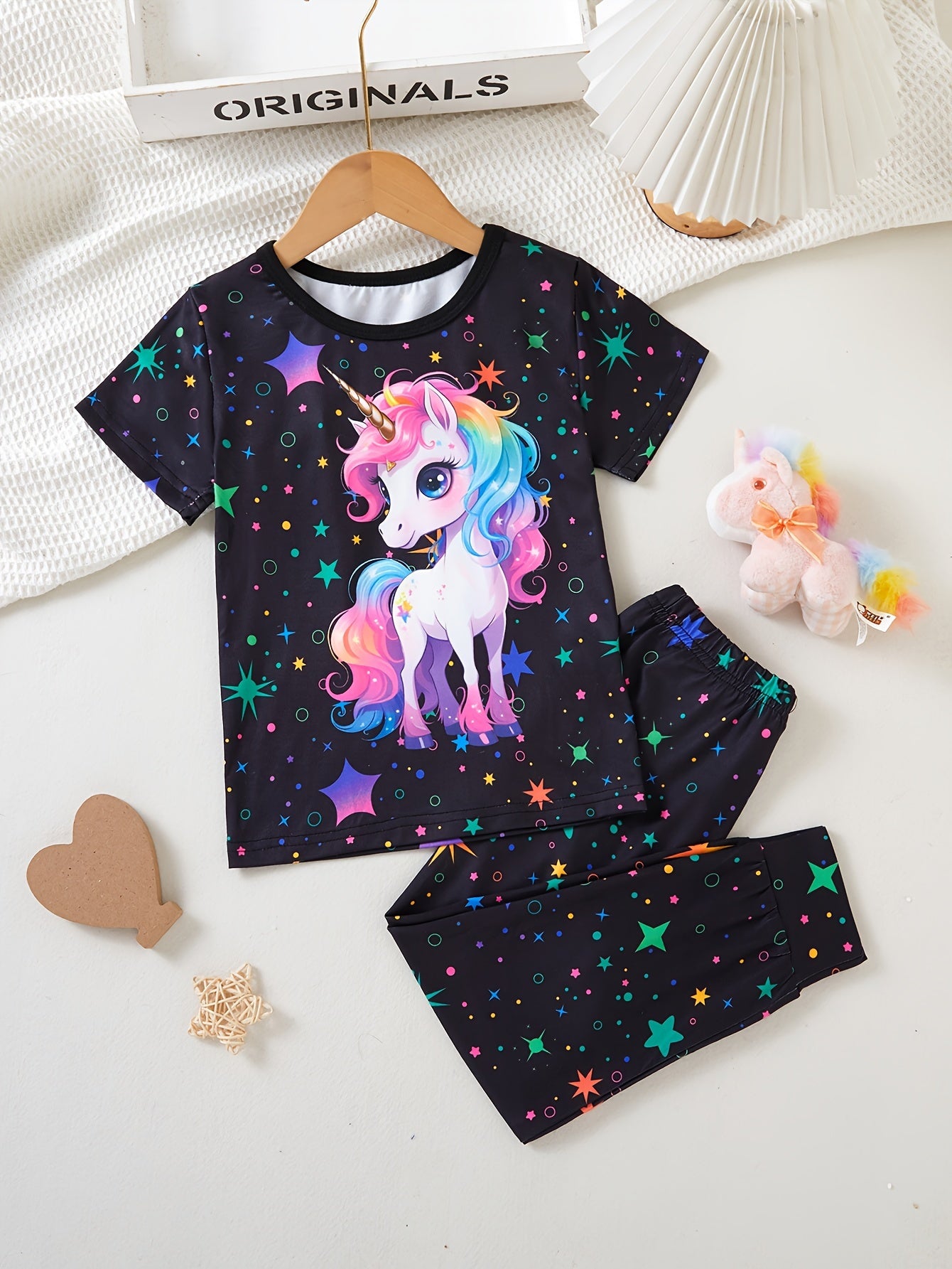 2 Pcs Cute Starry Unicorn Pattern Short Sleeve Top + Jogger Pants Co-ords Set, Casual Comfy Girls Summer Outfit Clothes - Topdecheztop.fr