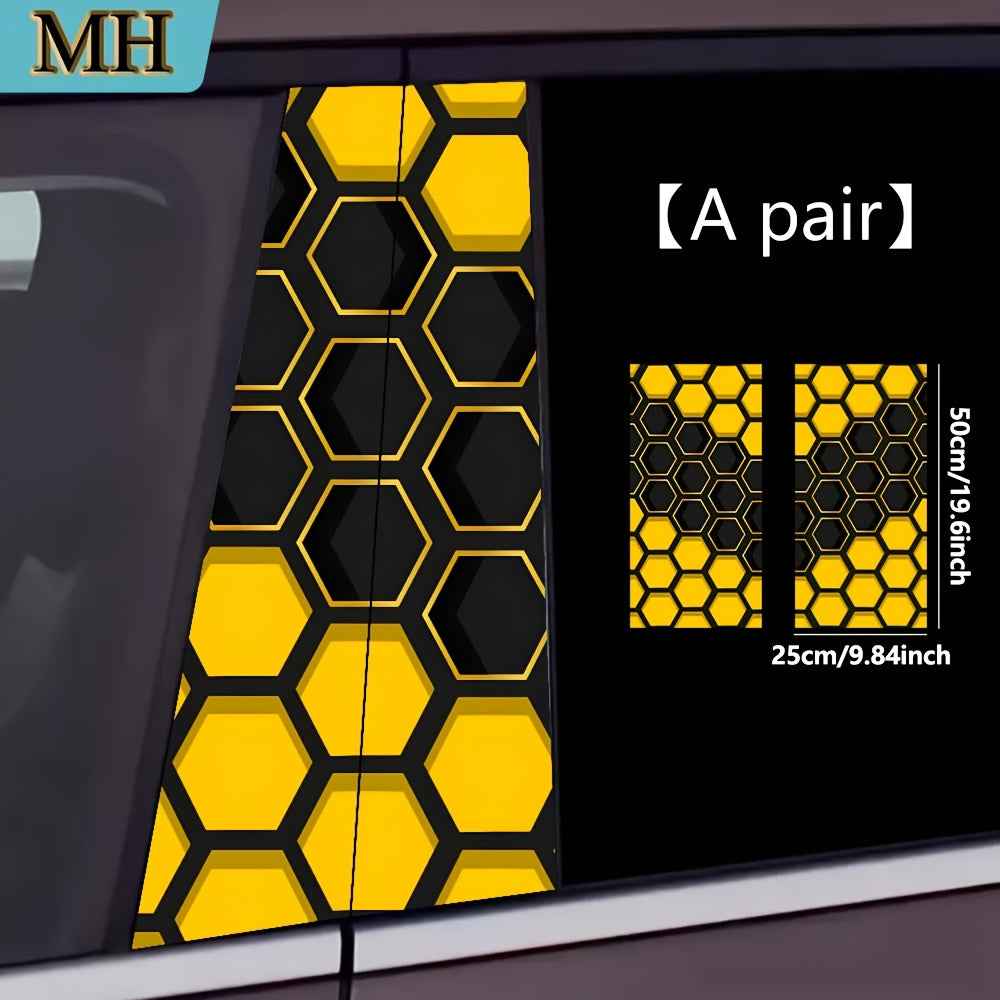 2pcs high quality car stickers, cool yellow honeycomb pattern door pillar stickers, self-adhesive waterproof vinyl semi-matte B-pillar protective film for B-pillar exterior accessories