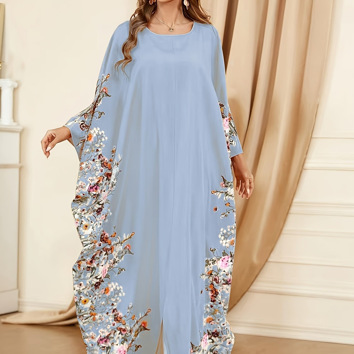 Ramadan Floral Print Crew Neck Kaftan, Elegant Batwing Sleeve Split Maxi Dress, Women's Clothing - Topdecheztop.fr