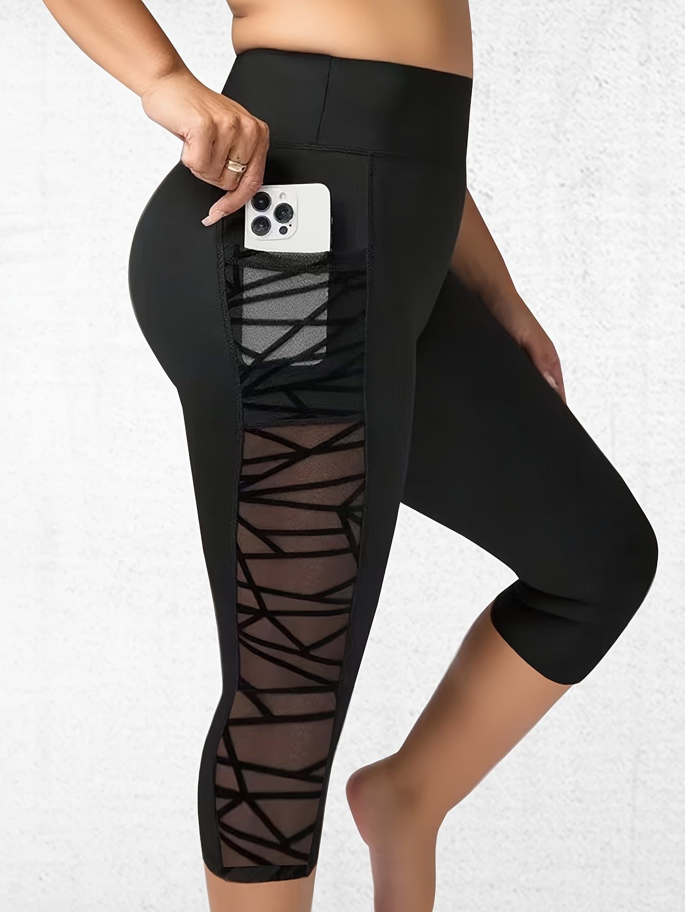 1pc Women'S Plus Size High-Waisted Yoga Pants with Mesh Panels - Stretchy, Side Pockets, and Slim Fit for Running, Cycling, and Workouts - Black, Workout Leggings | Highwaisted Leggings | Stretchy Fabric - Topdecheztop.fr